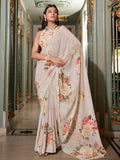 Tantalizing Off-White Digital Printed Georgette Office Wear Saree With Blouse - Zeel Clothing