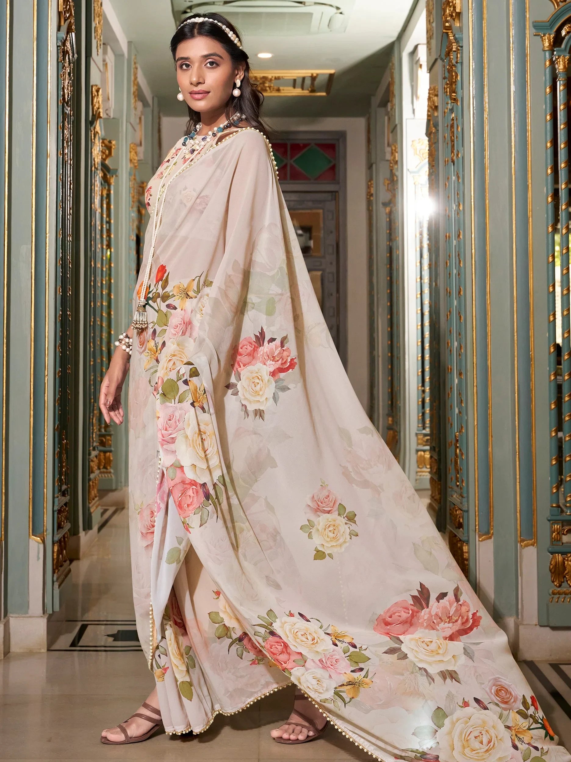 Tantalizing Off-White Digital Printed Georgette Office Wear Saree With Blouse - Zeel Clothing