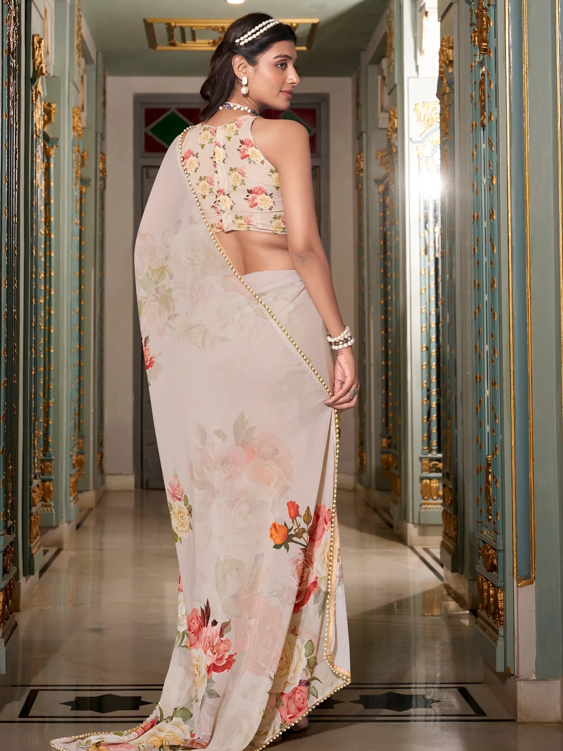 Tantalizing Off-White Digital Printed Georgette Office Wear Saree With Blouse - Zeel Clothing