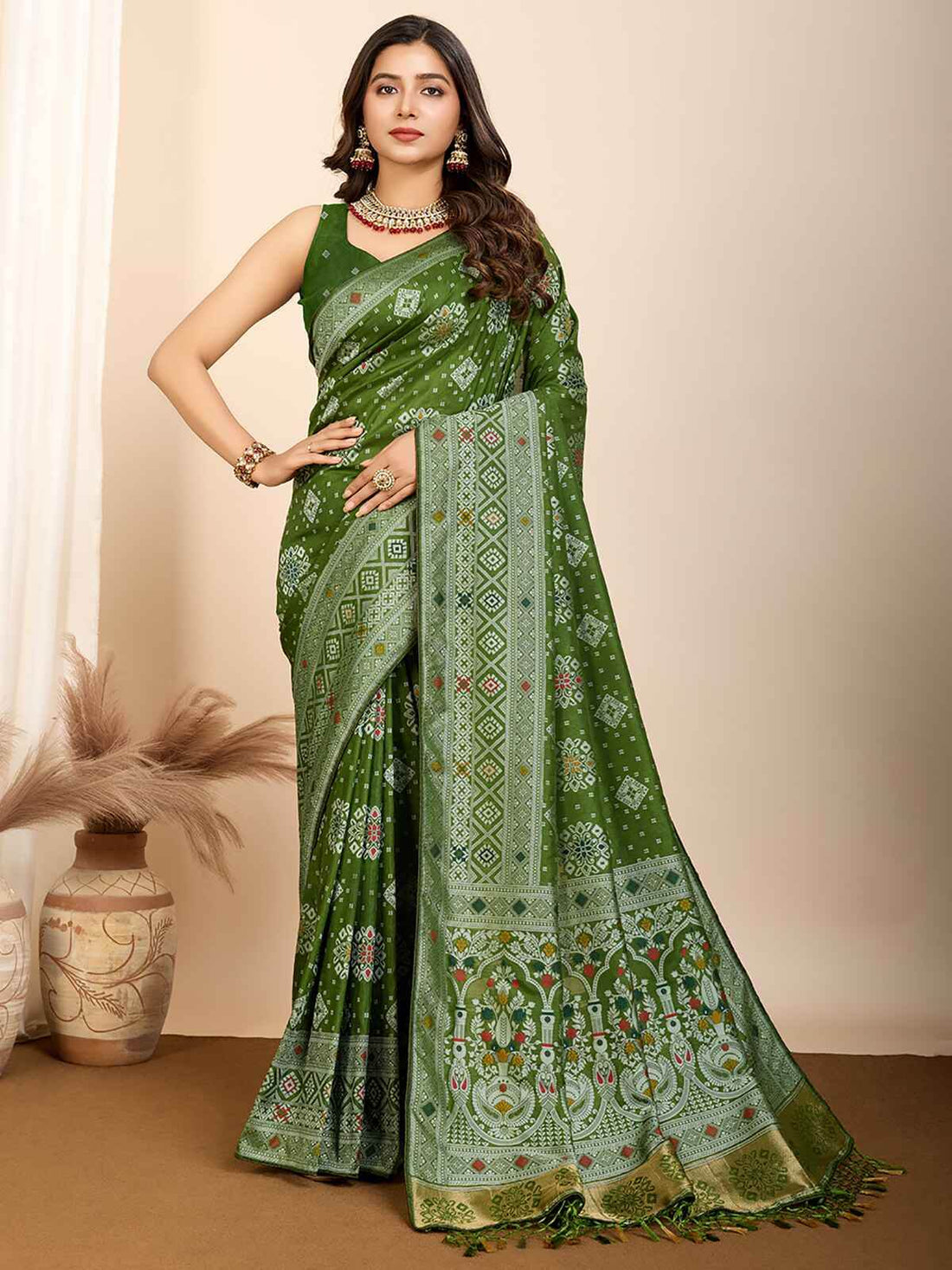 Tantalizing Olive Green Zari Weaving Silk Mehendi Wear Saree - Zeel Clothing