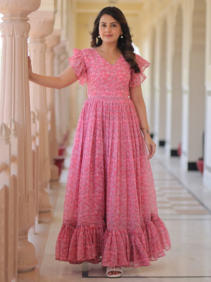 Tantalizing Pink Digital Printed Georgette Western Dress - Zeel Clothing