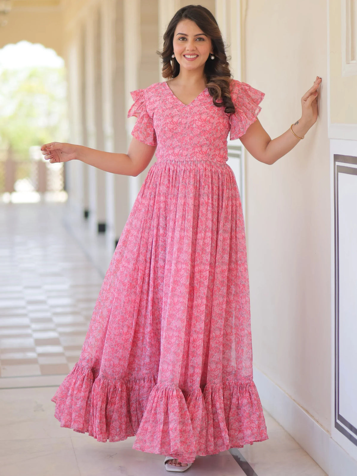 Tantalizing Pink Digital Printed Georgette Western Dress - Zeel Clothing