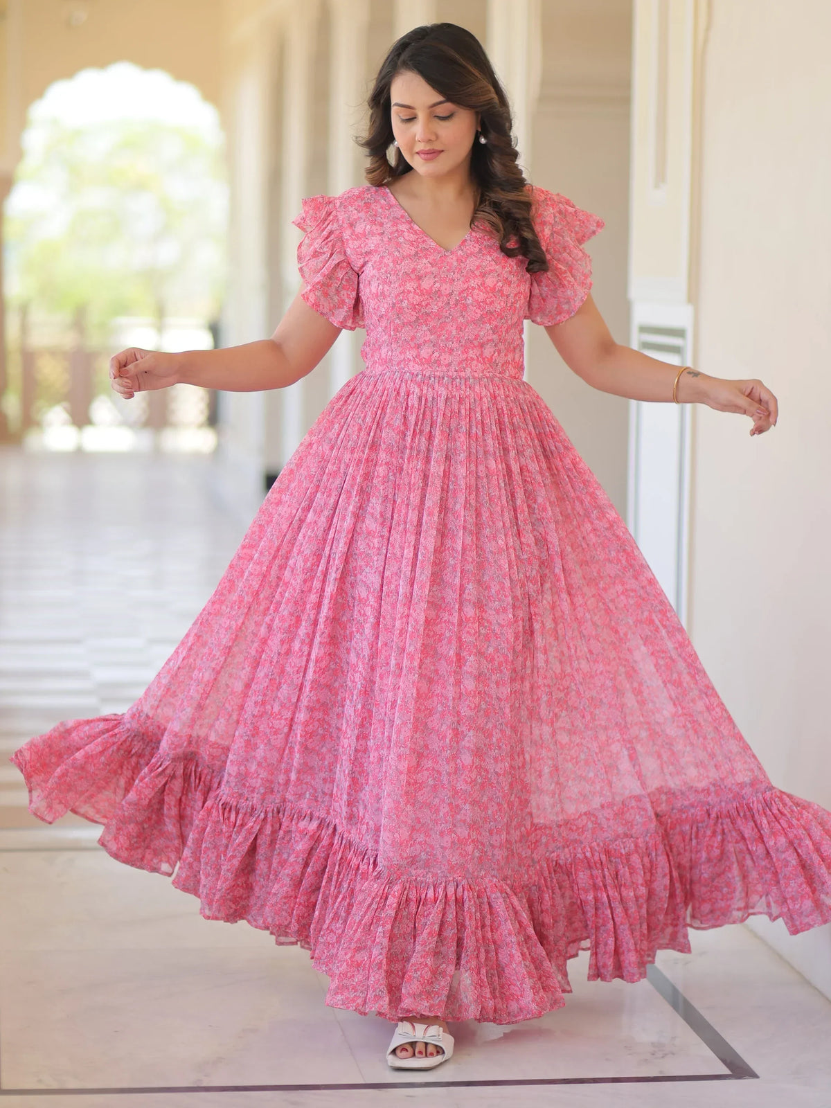 Tantalizing Pink Digital Printed Georgette Western Dress - Zeel Clothing