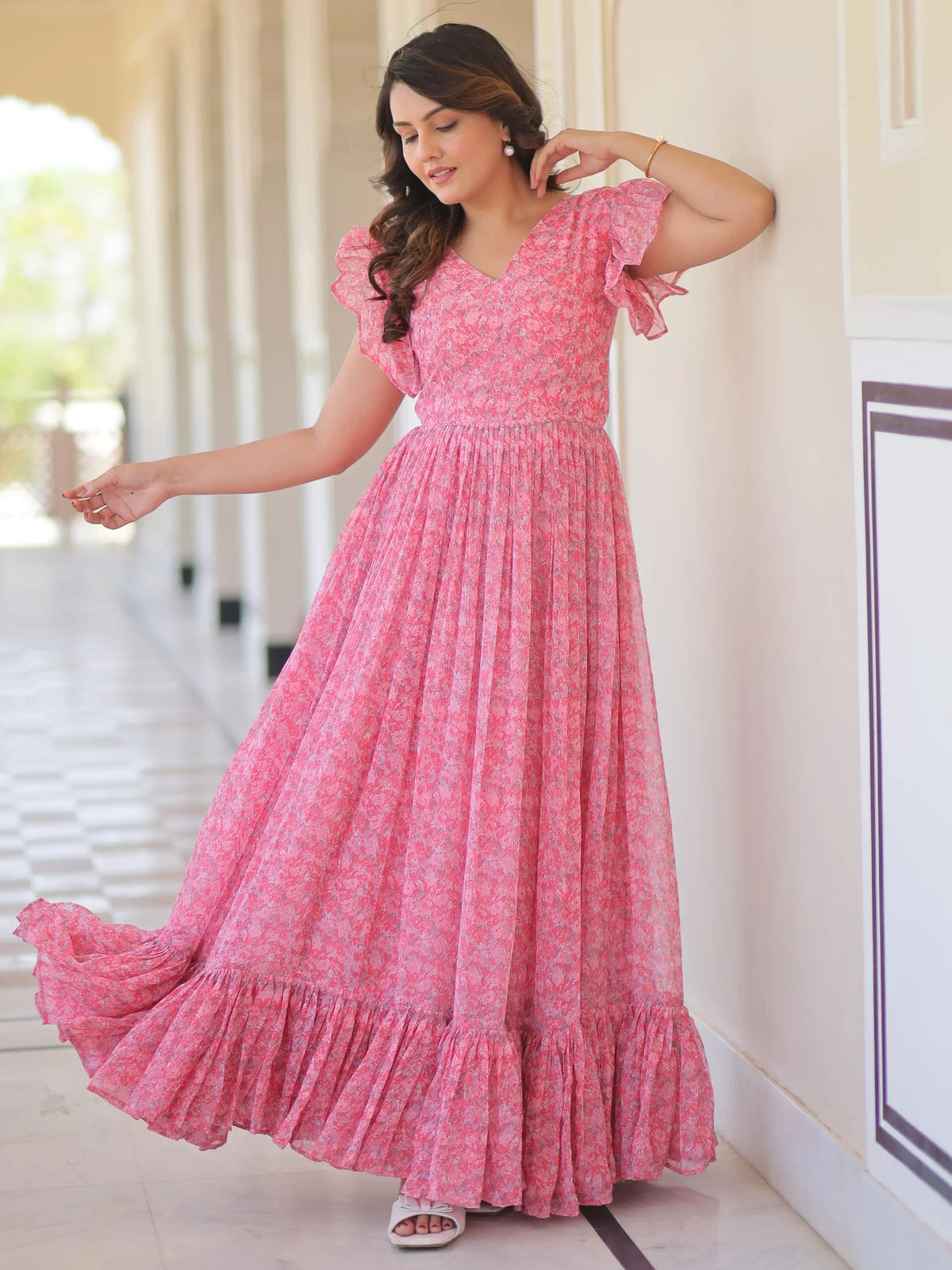 Tantalizing Pink Digital Printed Georgette Western Dress - Zeel Clothing