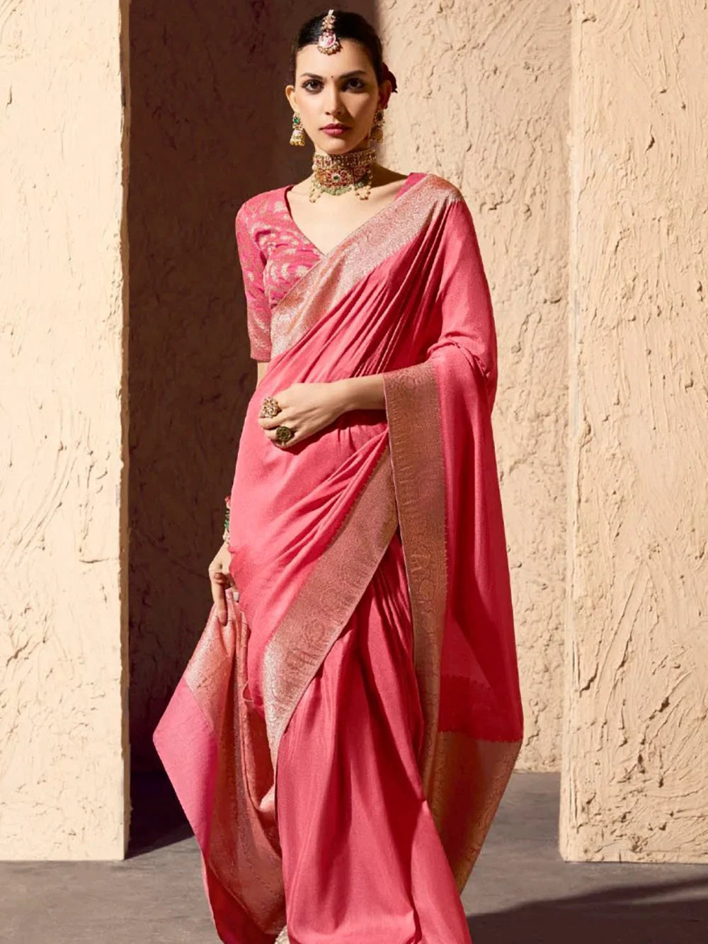 Tantalizing Pink Zari Weaving Georgette Engagement Wear Saree With Blouse