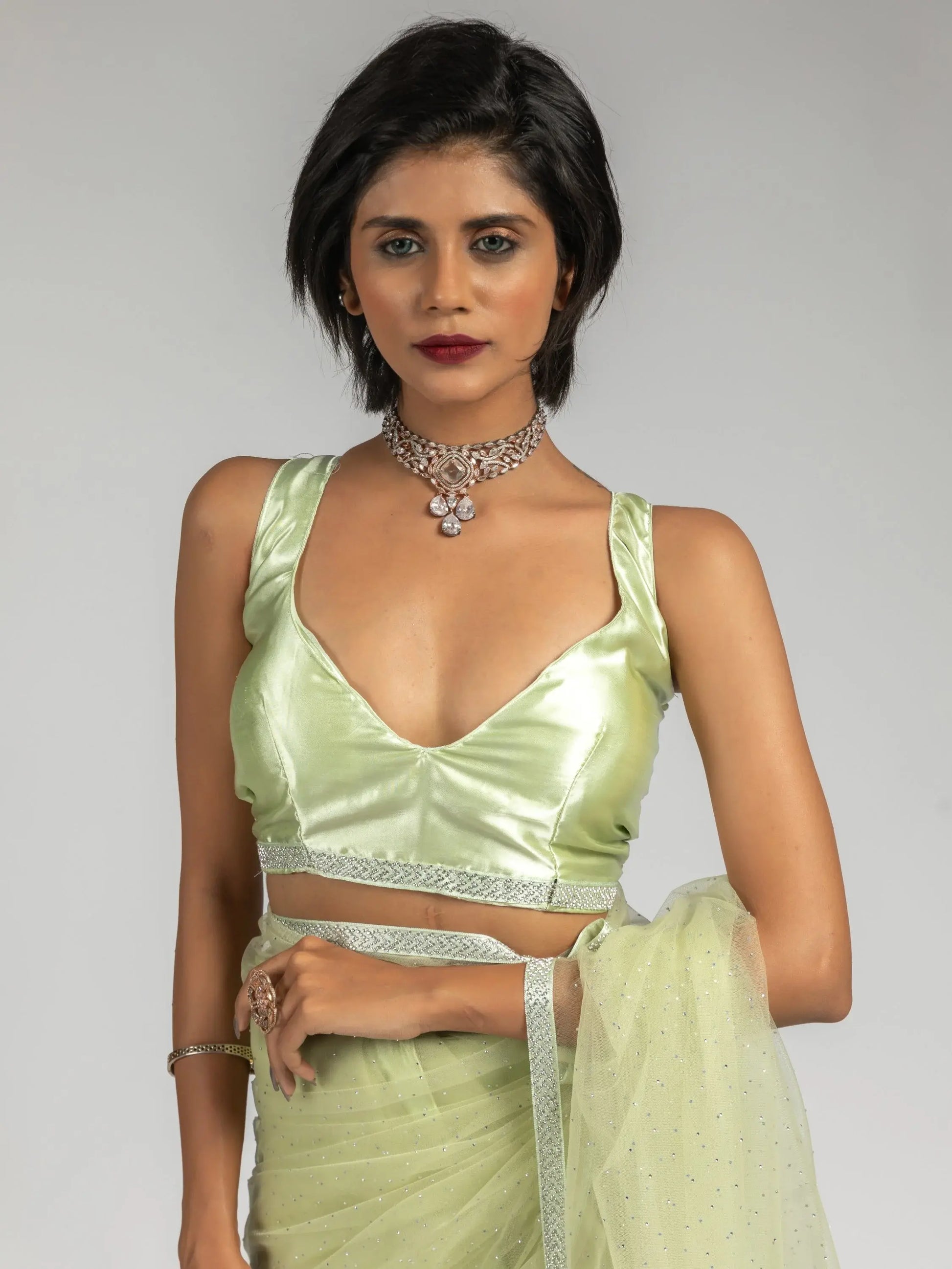 Tantalizing Pista Green Diamond Bordered Net Party Wear Pre-Stitched Saree - Zeel Clothing