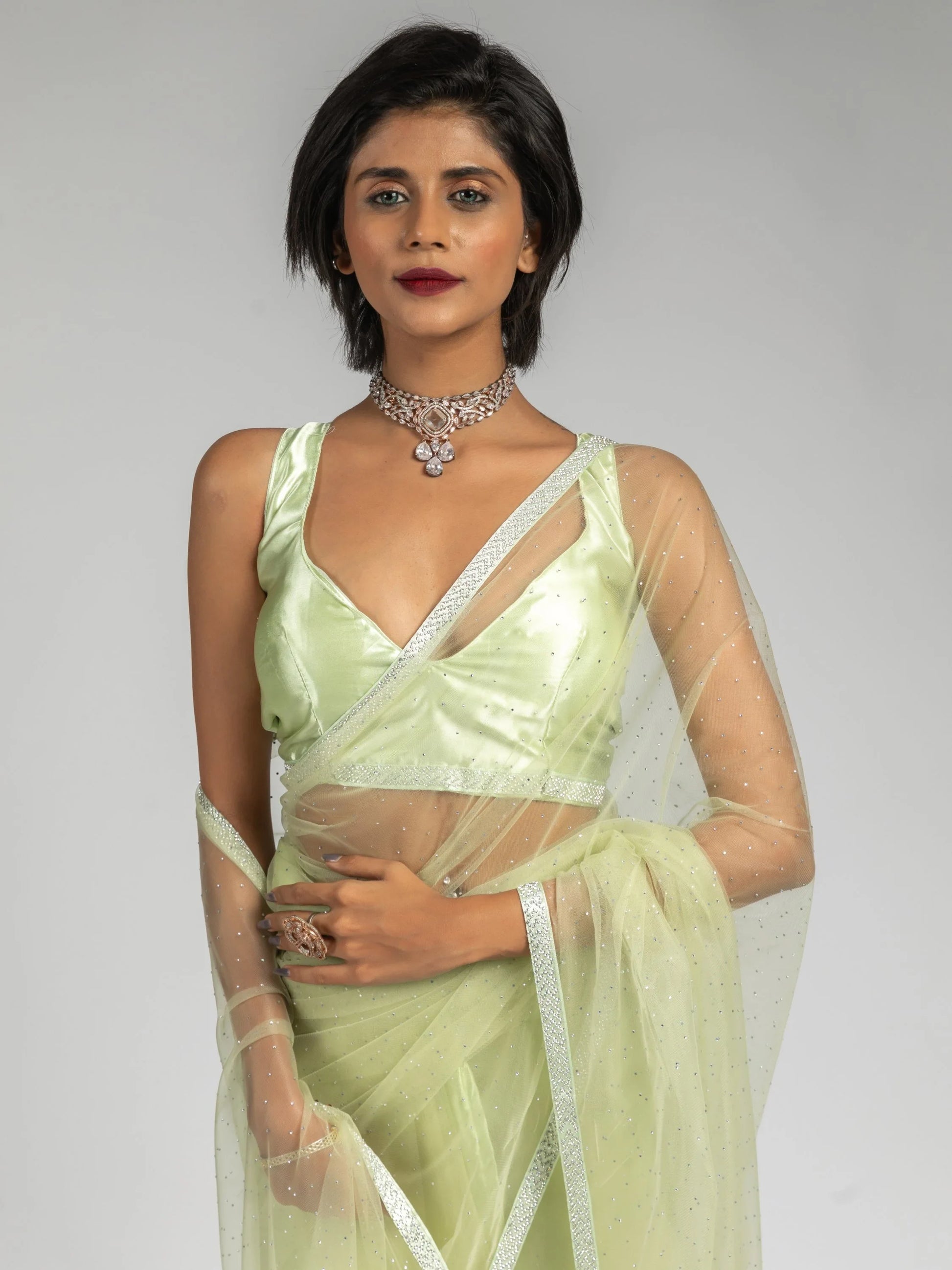 Tantalizing Pista Green Diamond Bordered Net Party Wear Pre-Stitched Saree - Zeel Clothing