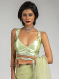 Tantalizing Pista Green Diamond Bordered Net Party Wear Pre-Stitched Saree - Zeel Clothing