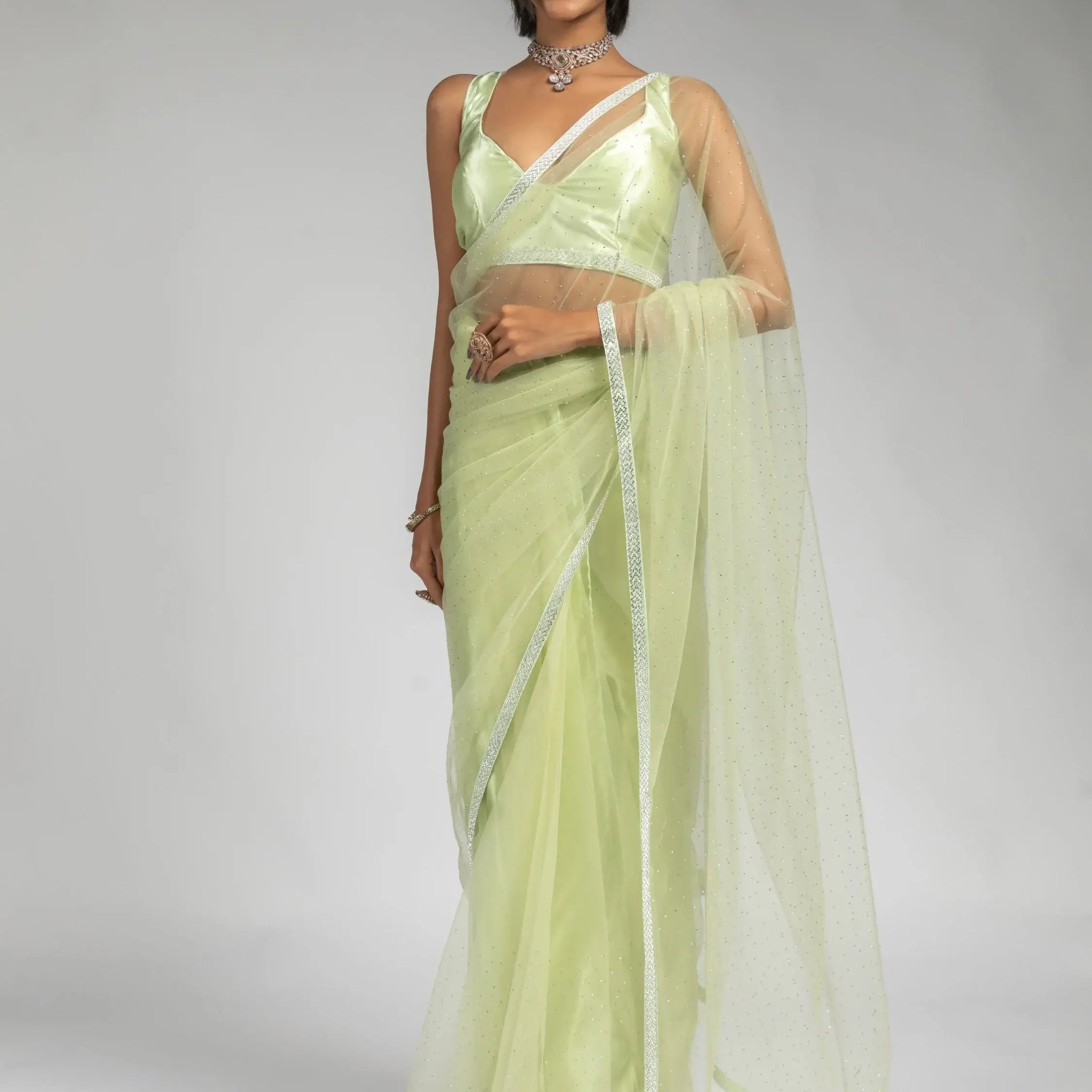Tantalizing Pista Green Diamond Bordered Net Party Wear Pre-Stitched Saree - Zeel Clothing
