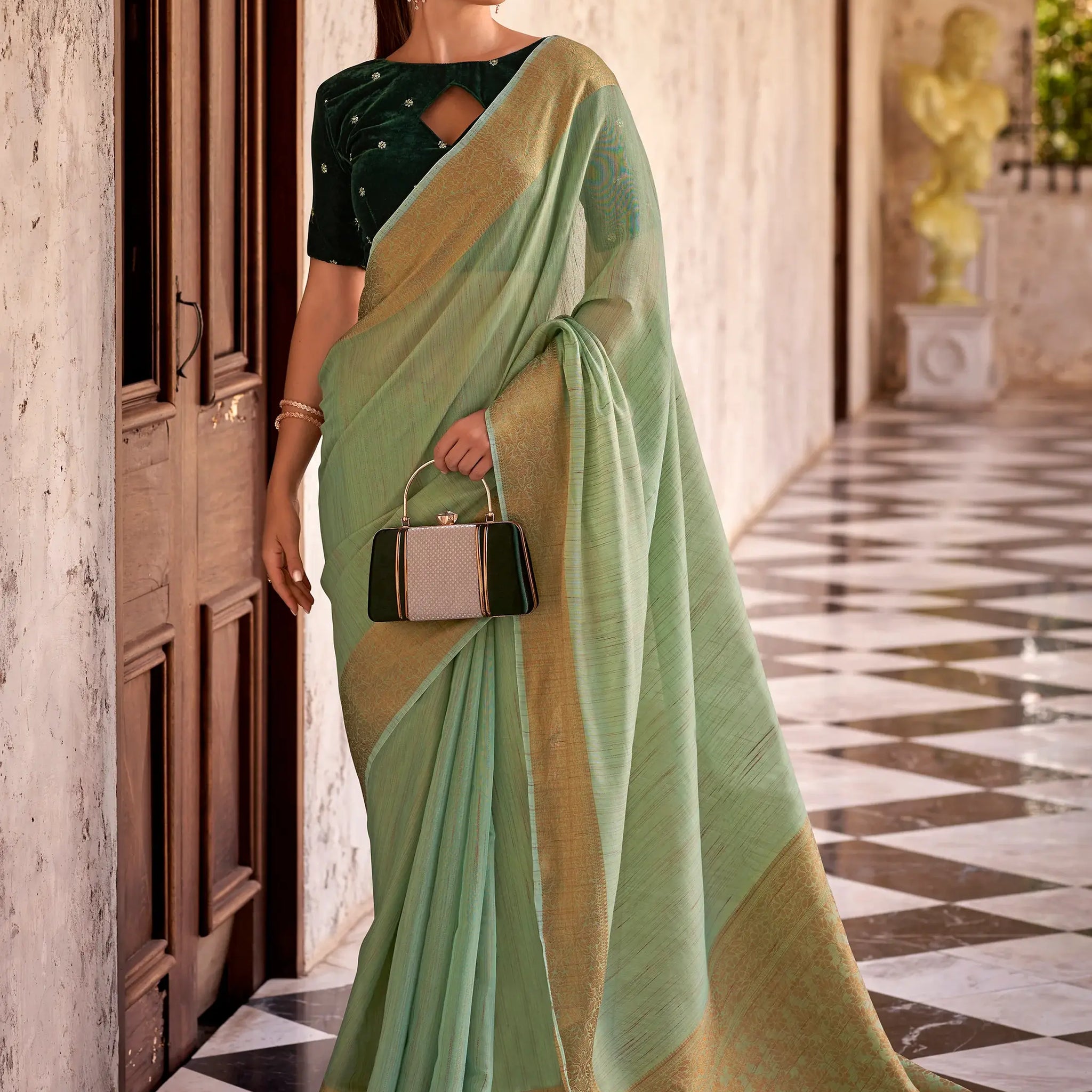 Tantalizing Pista Green Zari Weaving Tissue Silk Saree With Blouse - Zeel Clothing