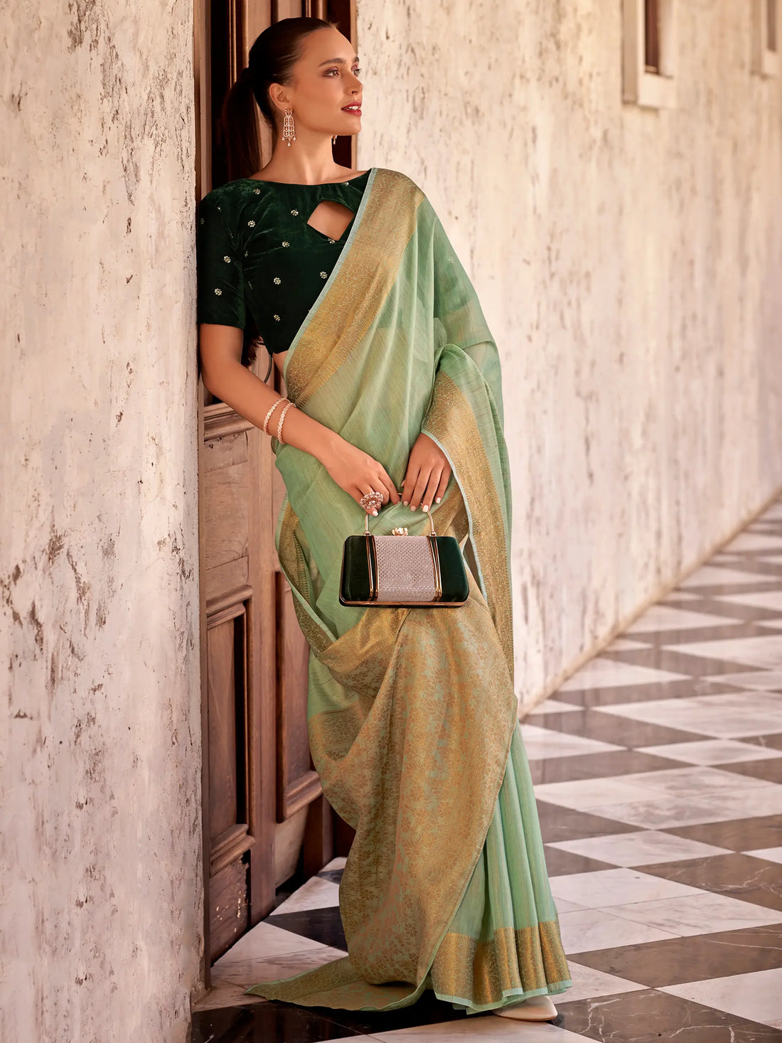 Tantalizing Pista Green Zari Weaving Tissue Silk Saree With Blouse - Zeel Clothing