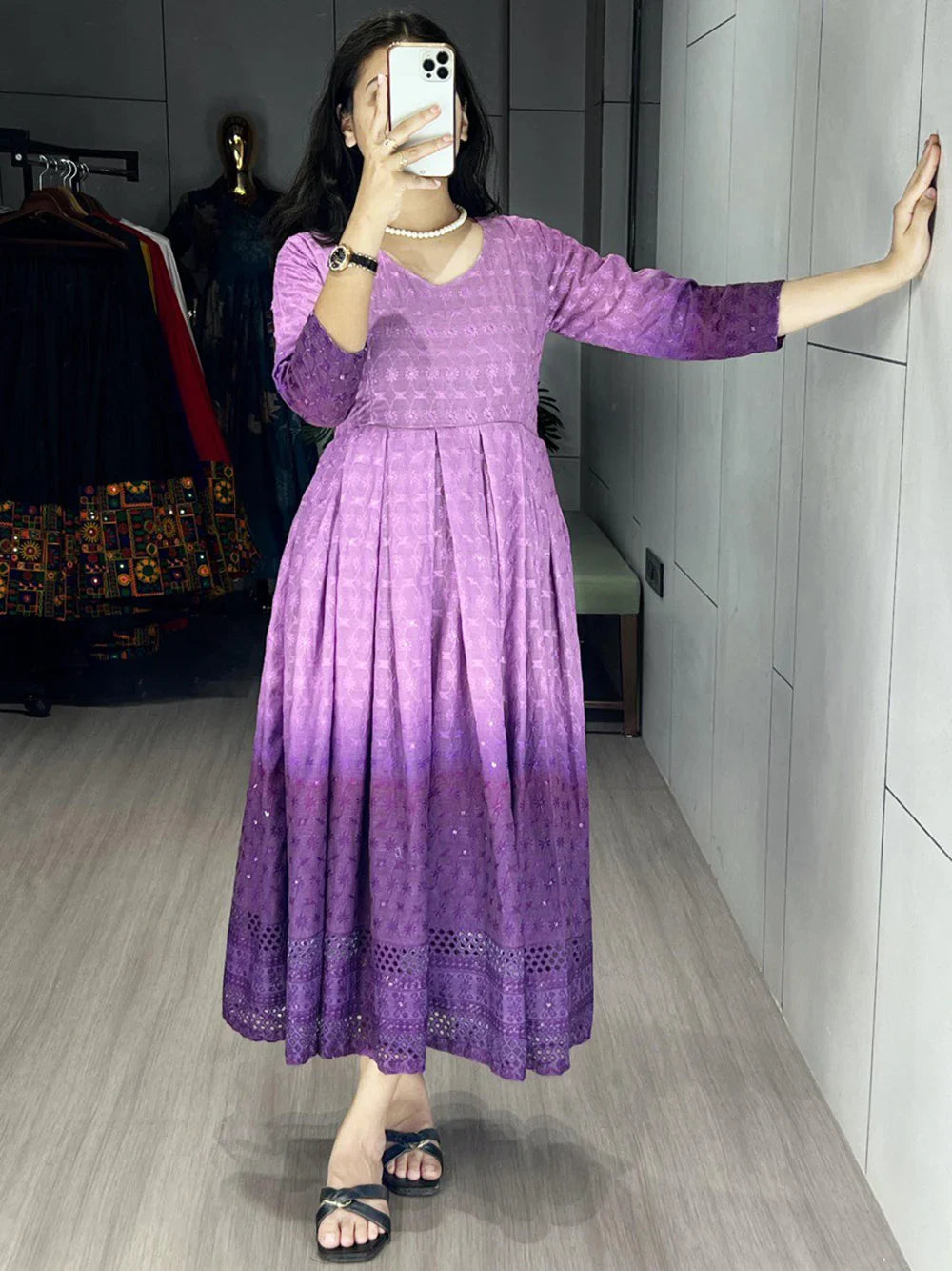 Tantalizing Purple Chikankari Cotton Casual Wear Dress - Zeel Clothing