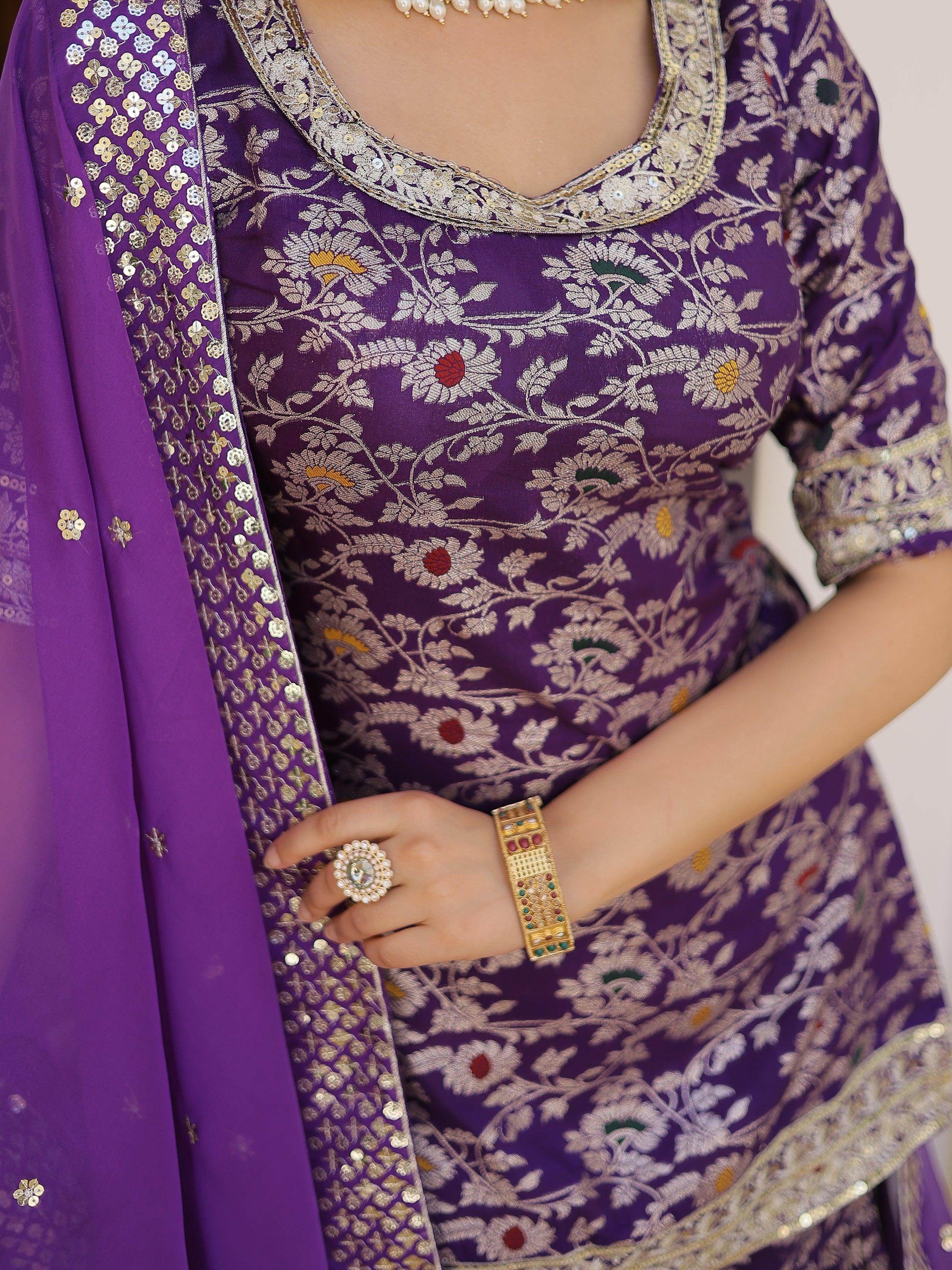 Tantalizing Purple Embroidered Jacquard Wedding Wear Sharara Suit - Zeel Clothing
