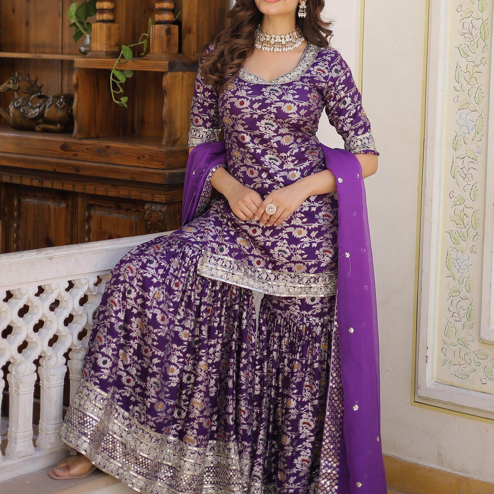 Tantalizing Purple Embroidered Jacquard Wedding Wear Sharara Suit - Zeel Clothing