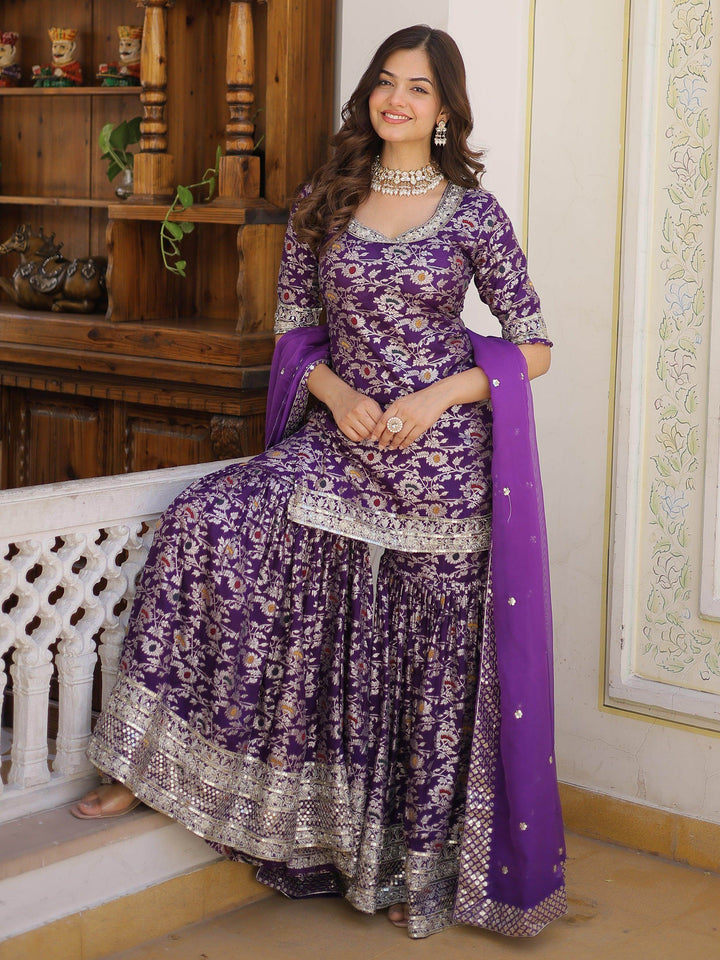 Tantalizing Purple Embroidered Jacquard Wedding Wear Sharara Suit - Zeel Clothing