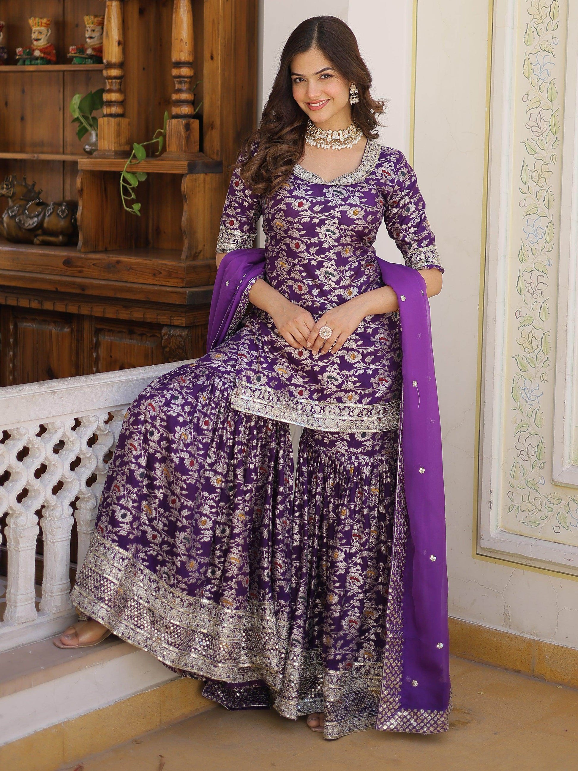 Tantalizing Purple Embroidered Jacquard Wedding Wear Sharara Suit - Zeel Clothing