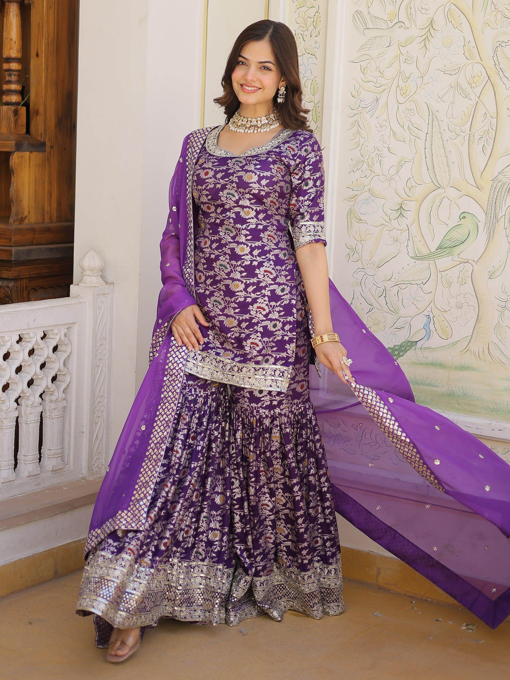 Tantalizing Purple Embroidered Jacquard Wedding Wear Sharara Suit - Zeel Clothing