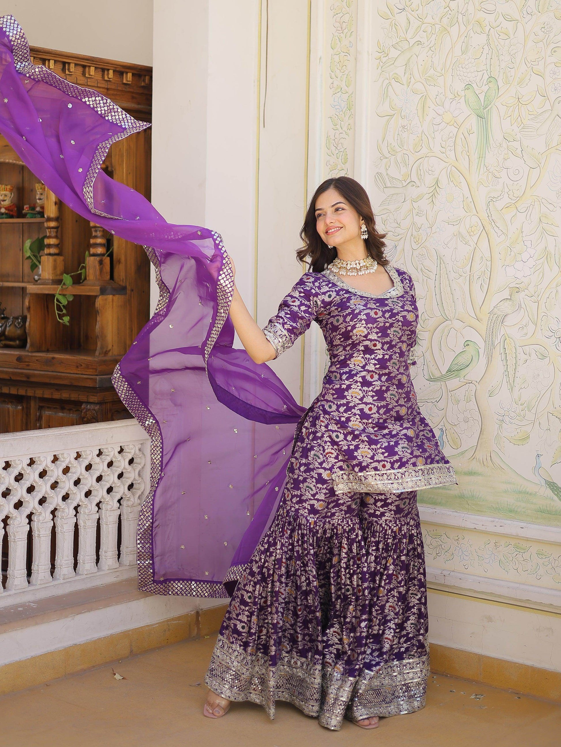 Tantalizing Purple Embroidered Jacquard Wedding Wear Sharara Suit - Zeel Clothing