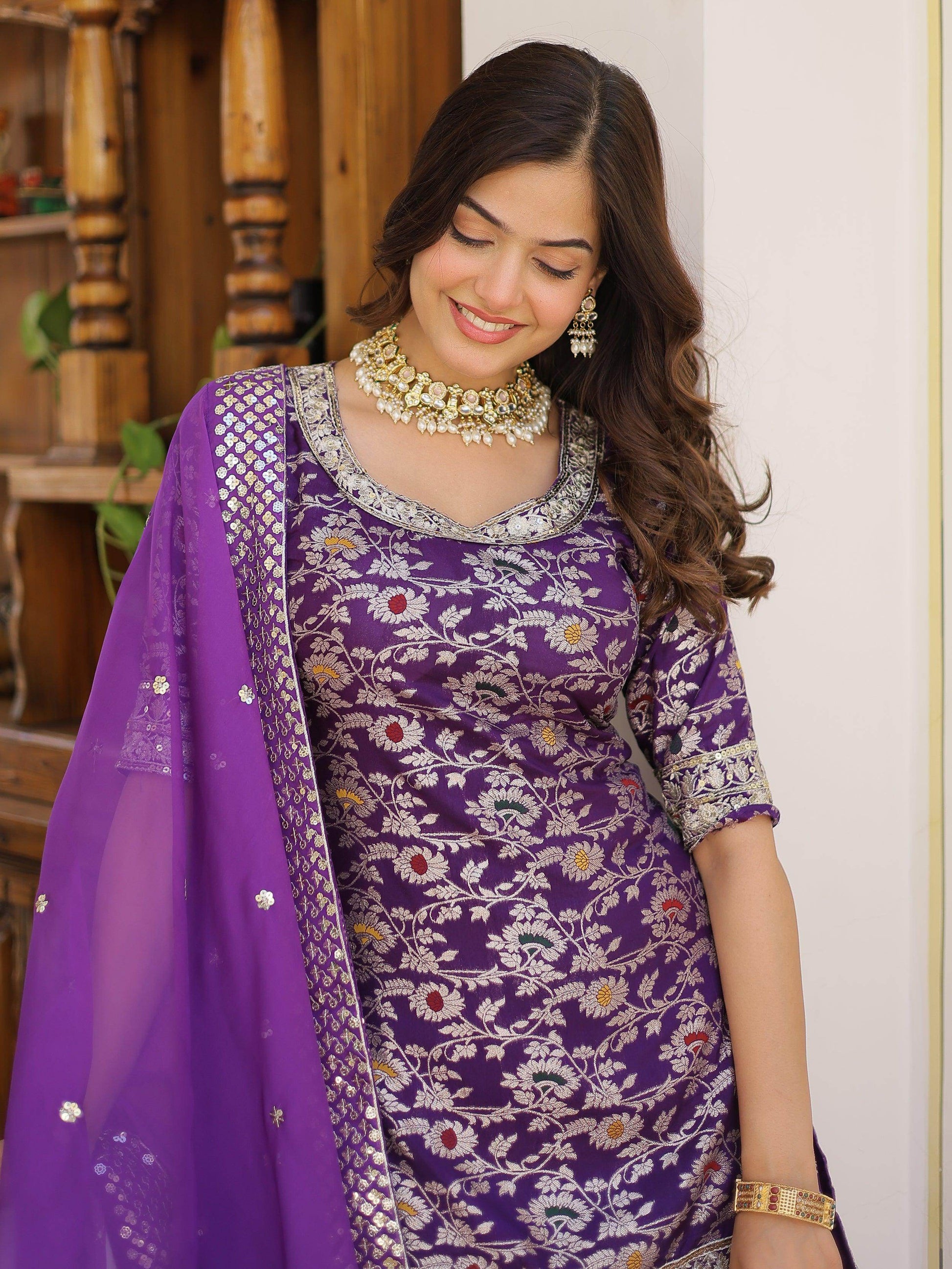 Tantalizing Purple Embroidered Jacquard Wedding Wear Sharara Suit - Zeel Clothing