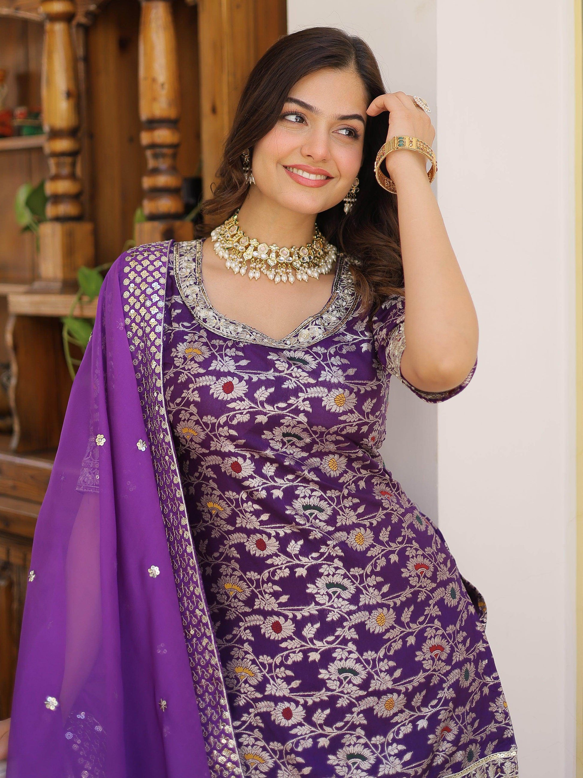 Tantalizing Purple Embroidered Jacquard Wedding Wear Sharara Suit - Zeel Clothing