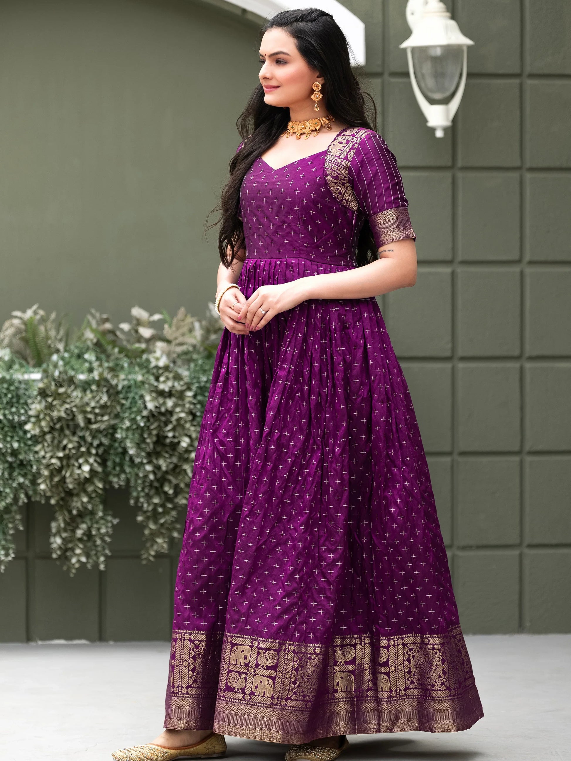 Tantalizing Purple Zari Weaving Silk Festival Wear Gown - Zeel Clothing