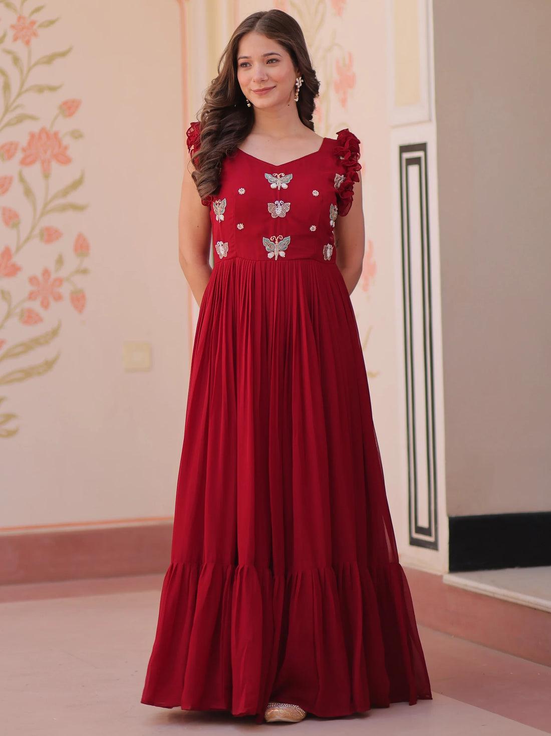 Tantalizing Red Beads Work Organza Event Wear Gown - Zeel Clothing