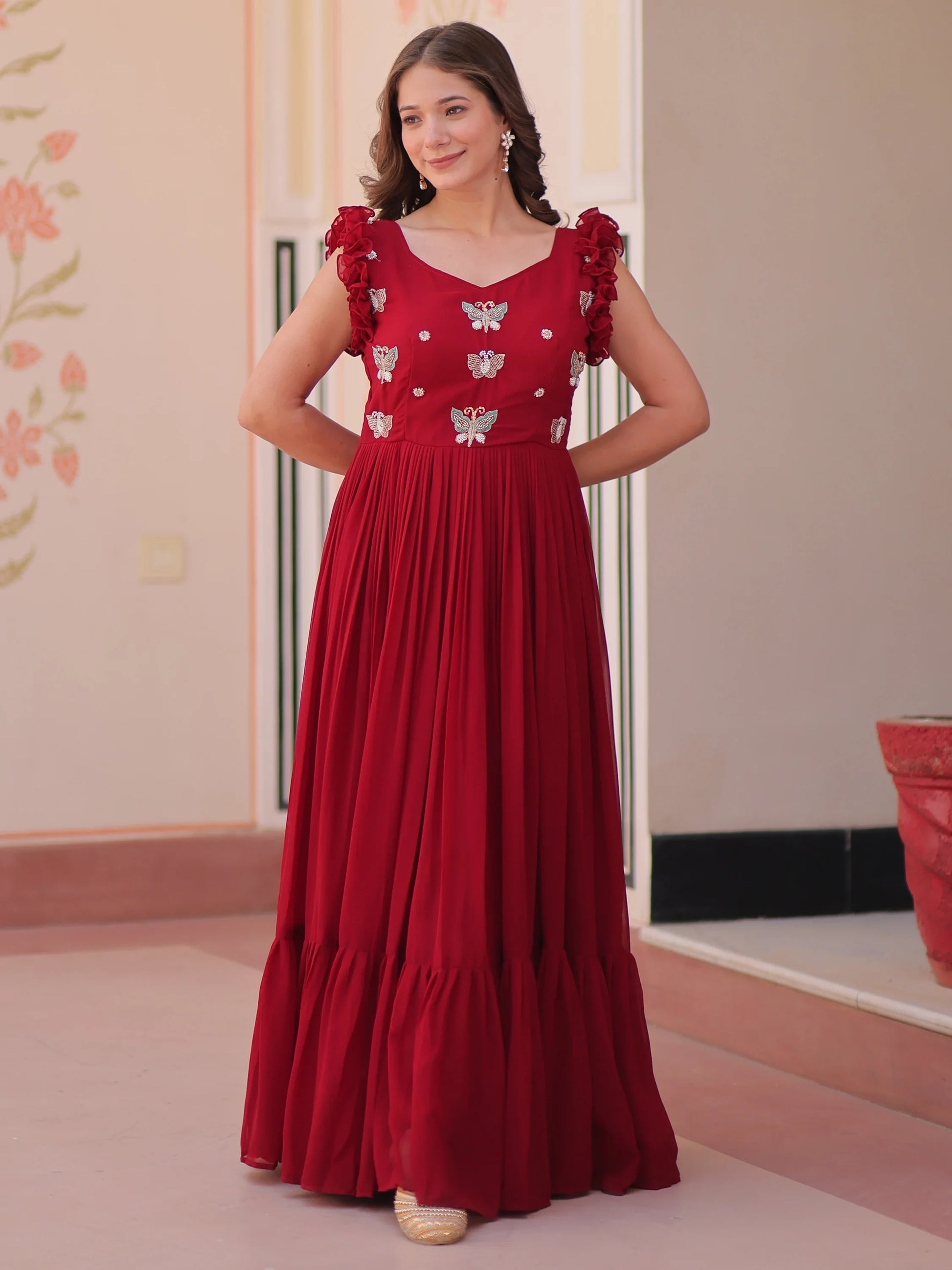 Tantalizing Red Beads Work Organza Event Wear Gown - Zeel Clothing