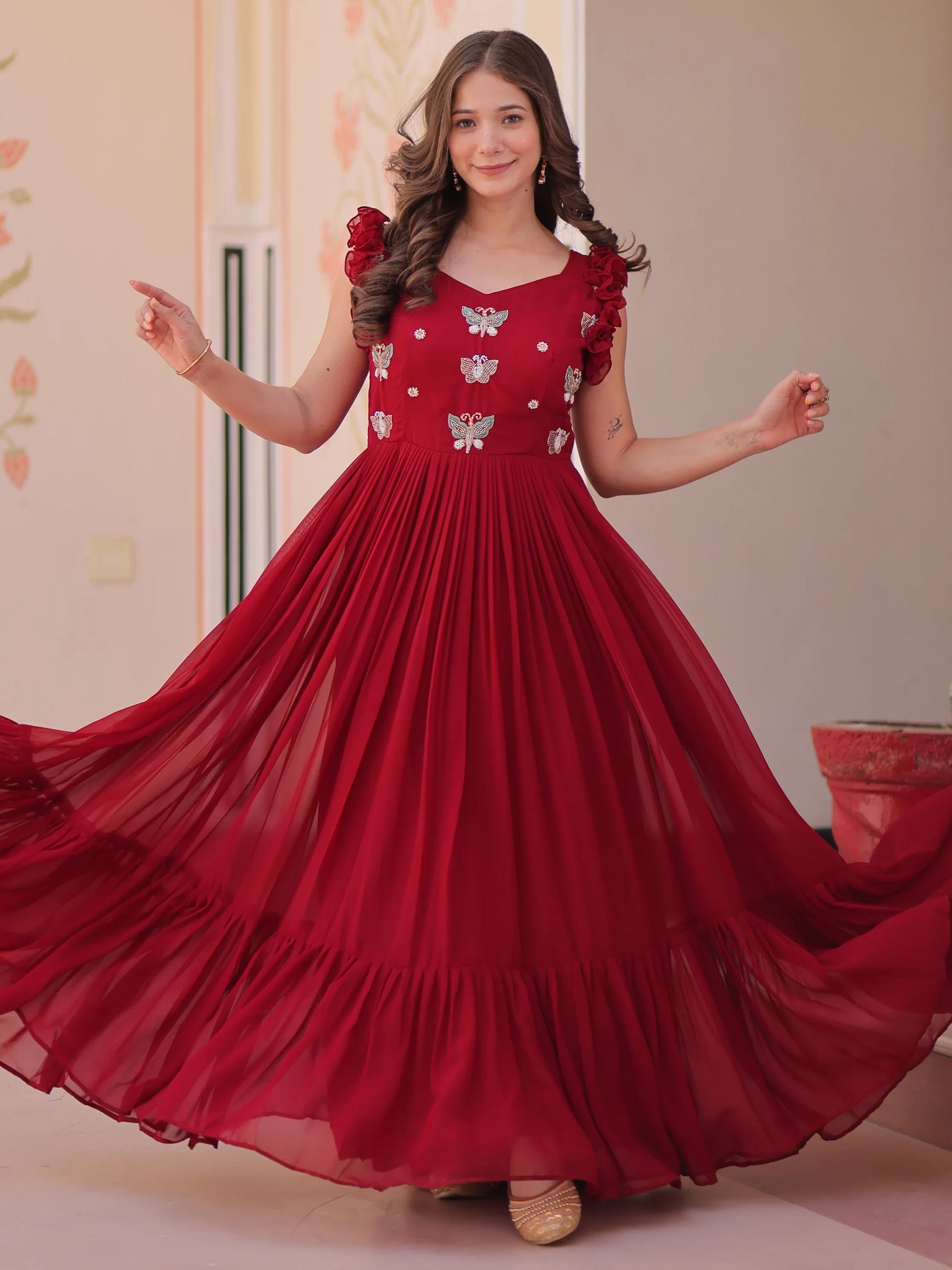 Tantalizing Red Beads Work Organza Event Wear Gown - Zeel Clothing