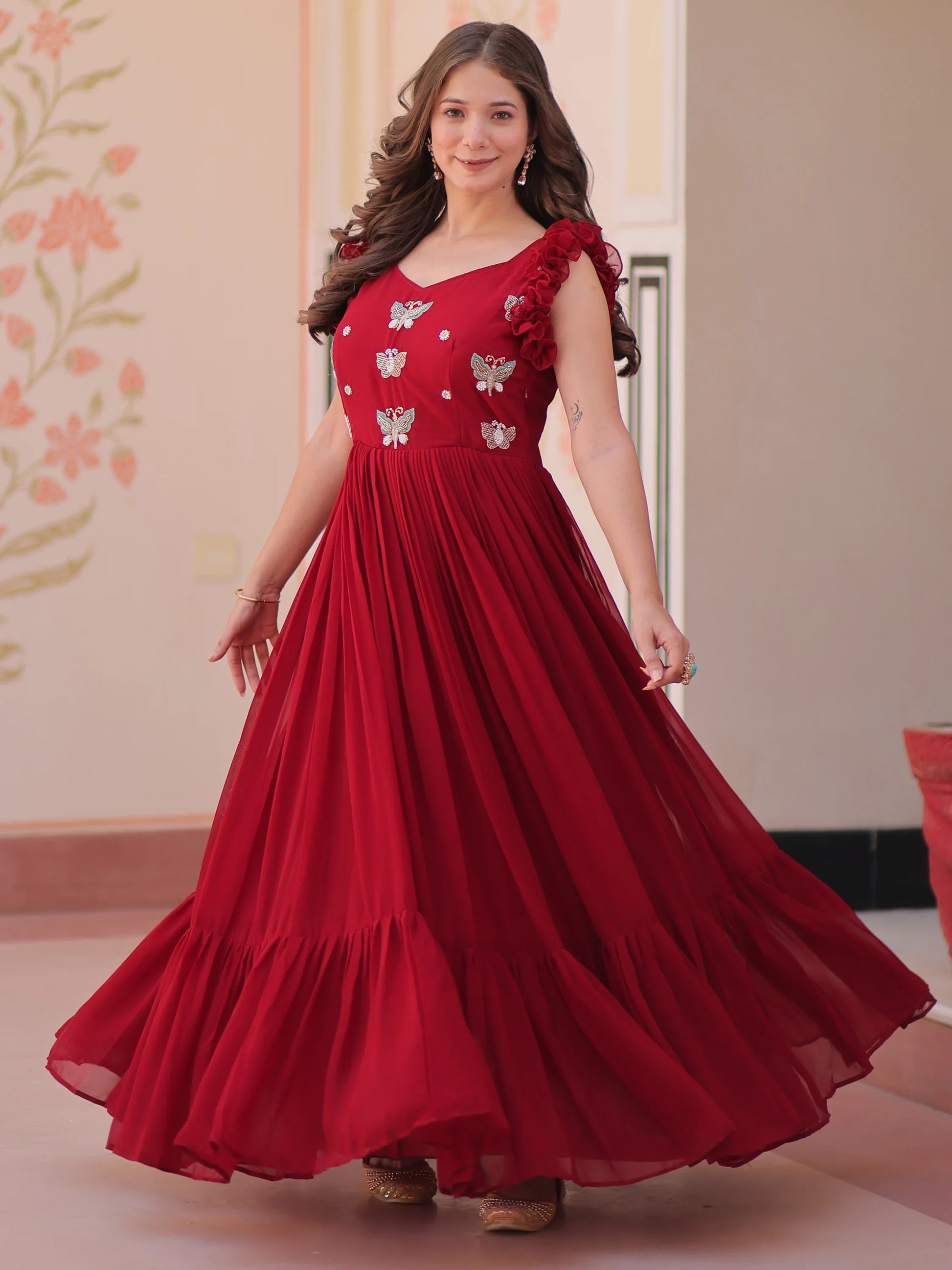 Tantalizing Red Beads Work Organza Event Wear Gown - Zeel Clothing