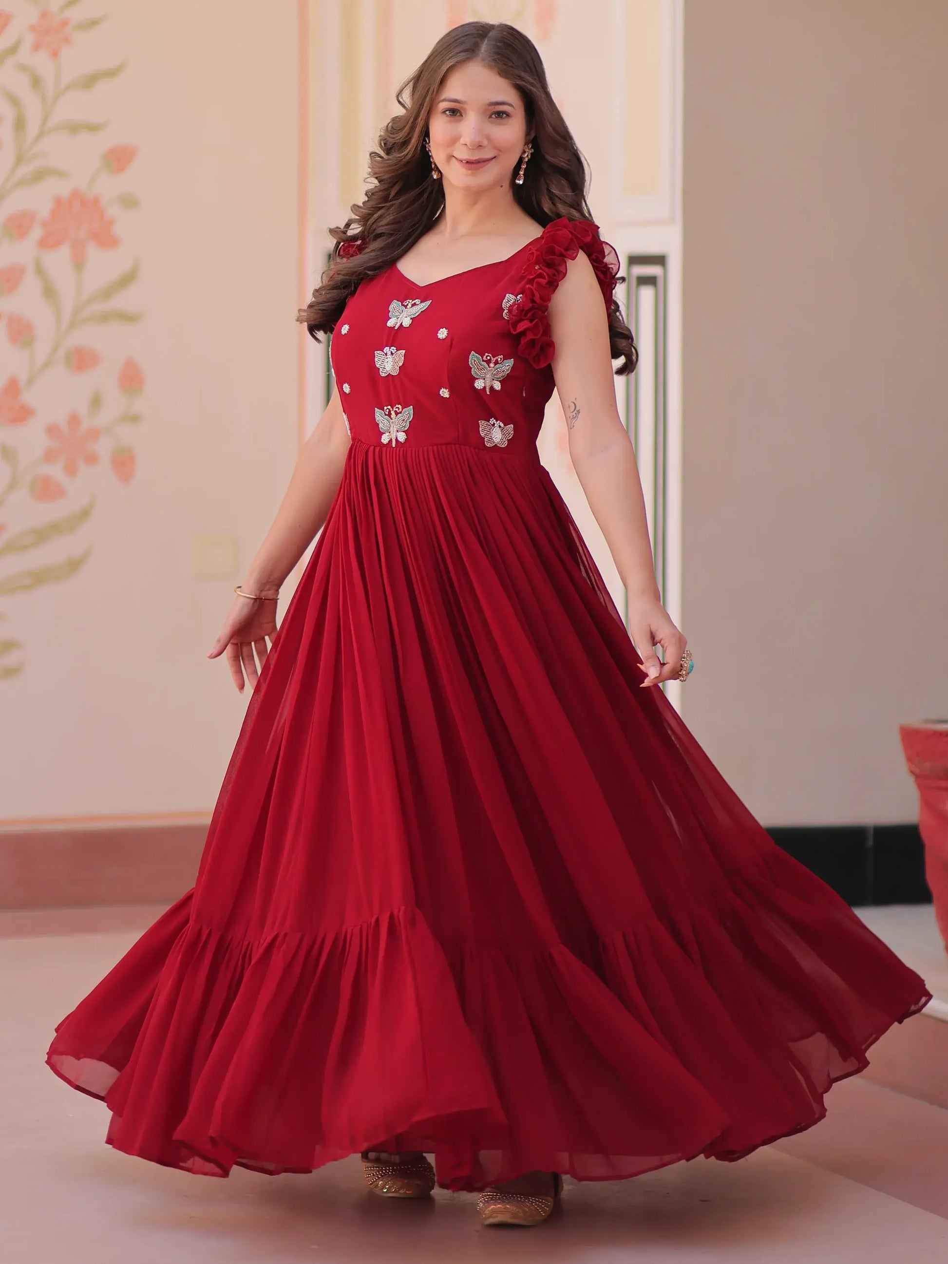 Tantalizing Red Beads Work Organza Event Wear Gown - Zeel Clothing