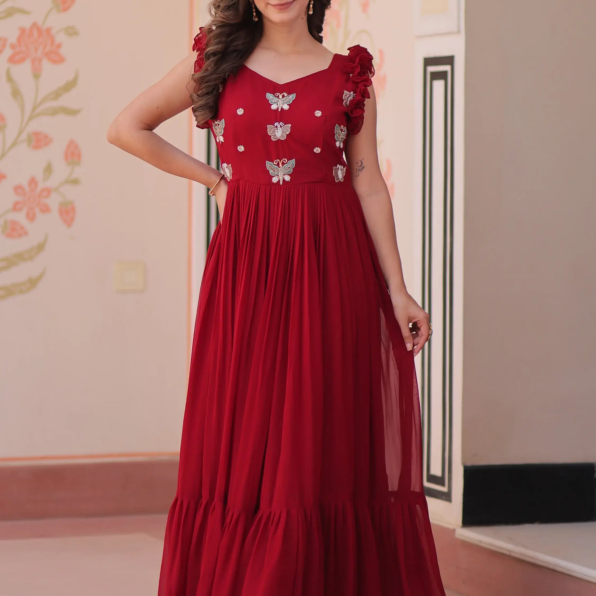 Tantalizing Red Beads Work Organza Event Wear Gown - Zeel Clothing