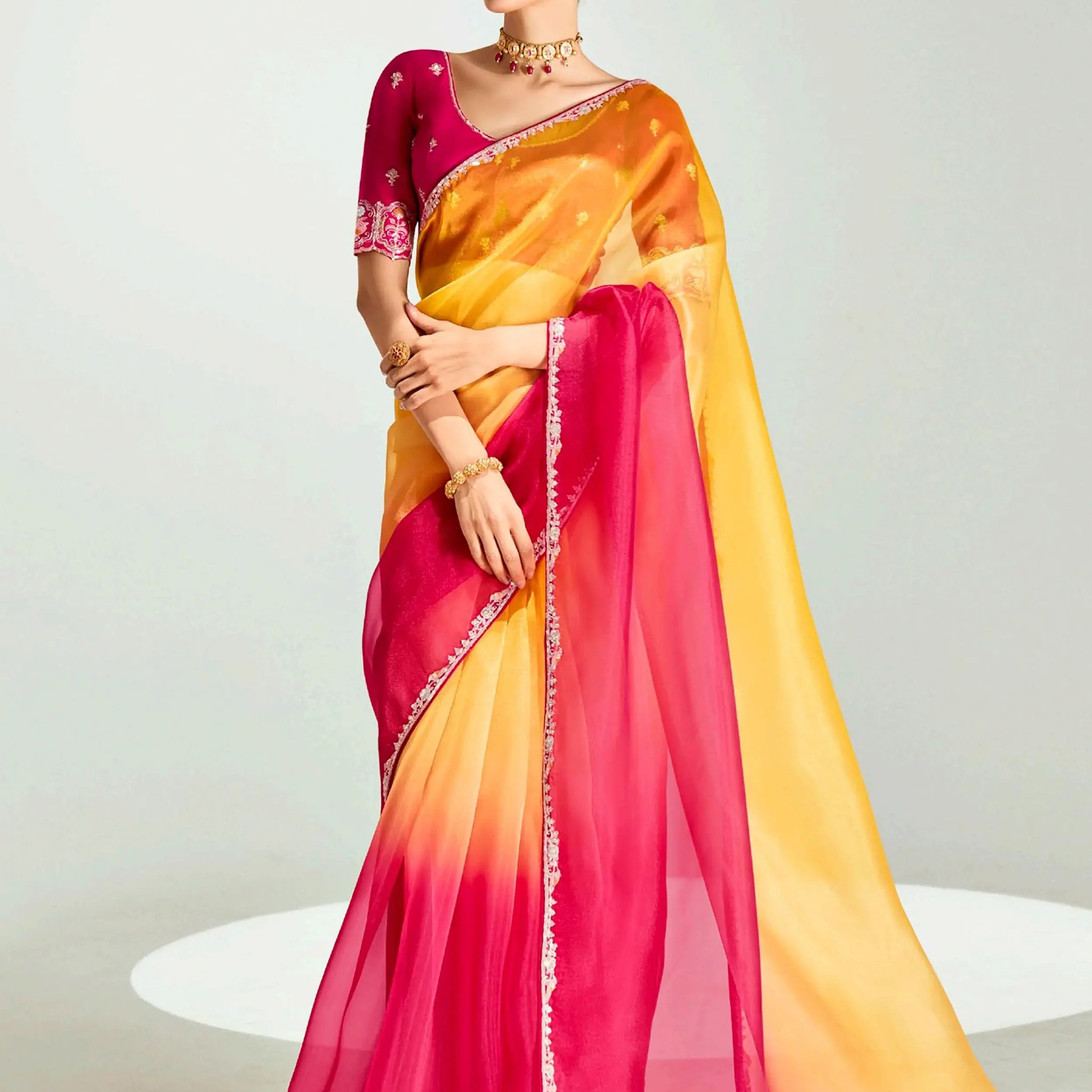 Tantalizing Red Border Work Organza Wedding Wear Saree With Blouse - Zeel Clothing