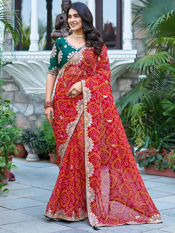Tantalizing Red Pure Bandhani Gotta Patti Bridal Saree With Blouse - Zeel Clothing