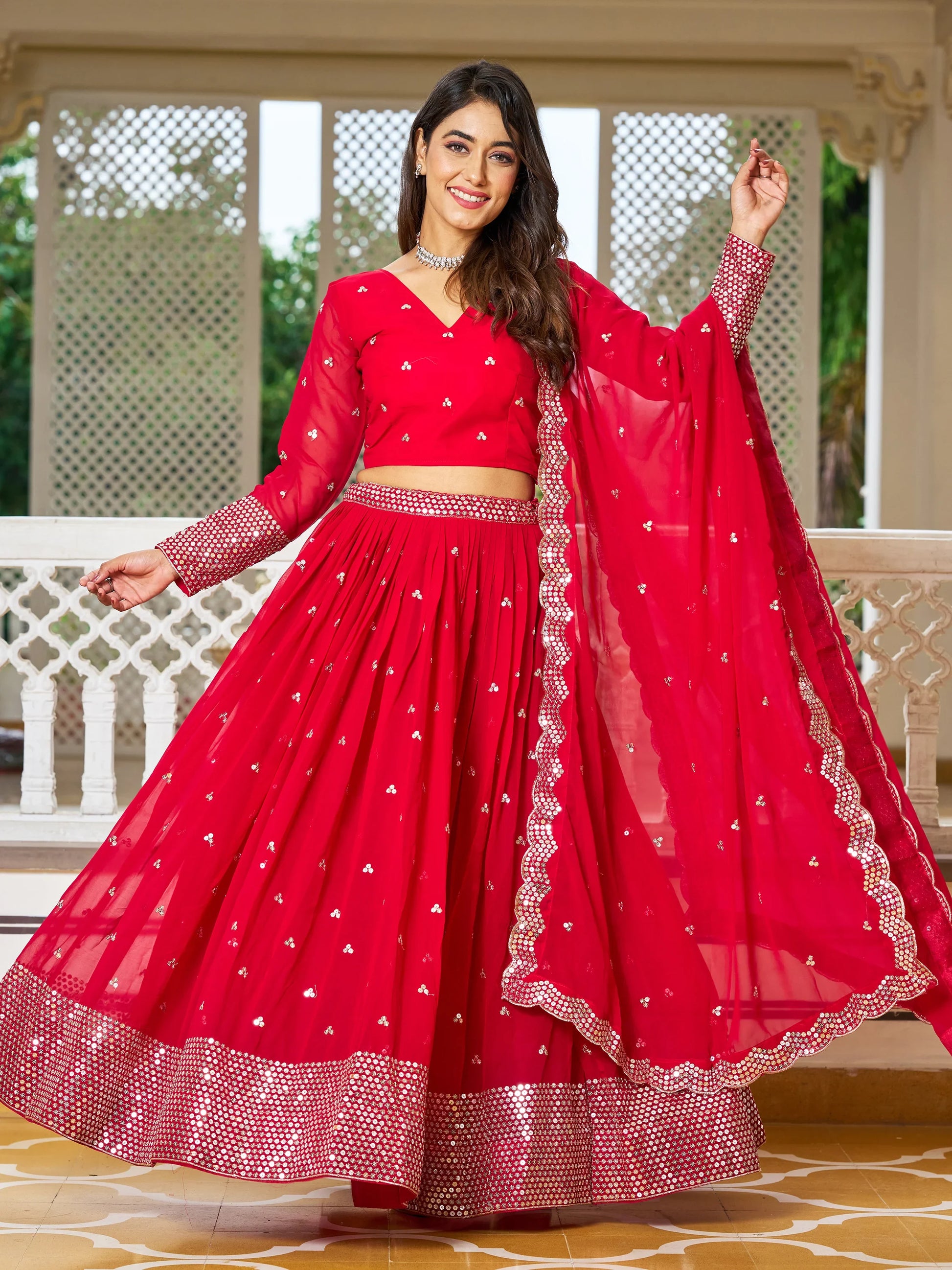 Tantalizing Red Sequins Georgette Wedding Lehenga Choli - Zeel Clothing