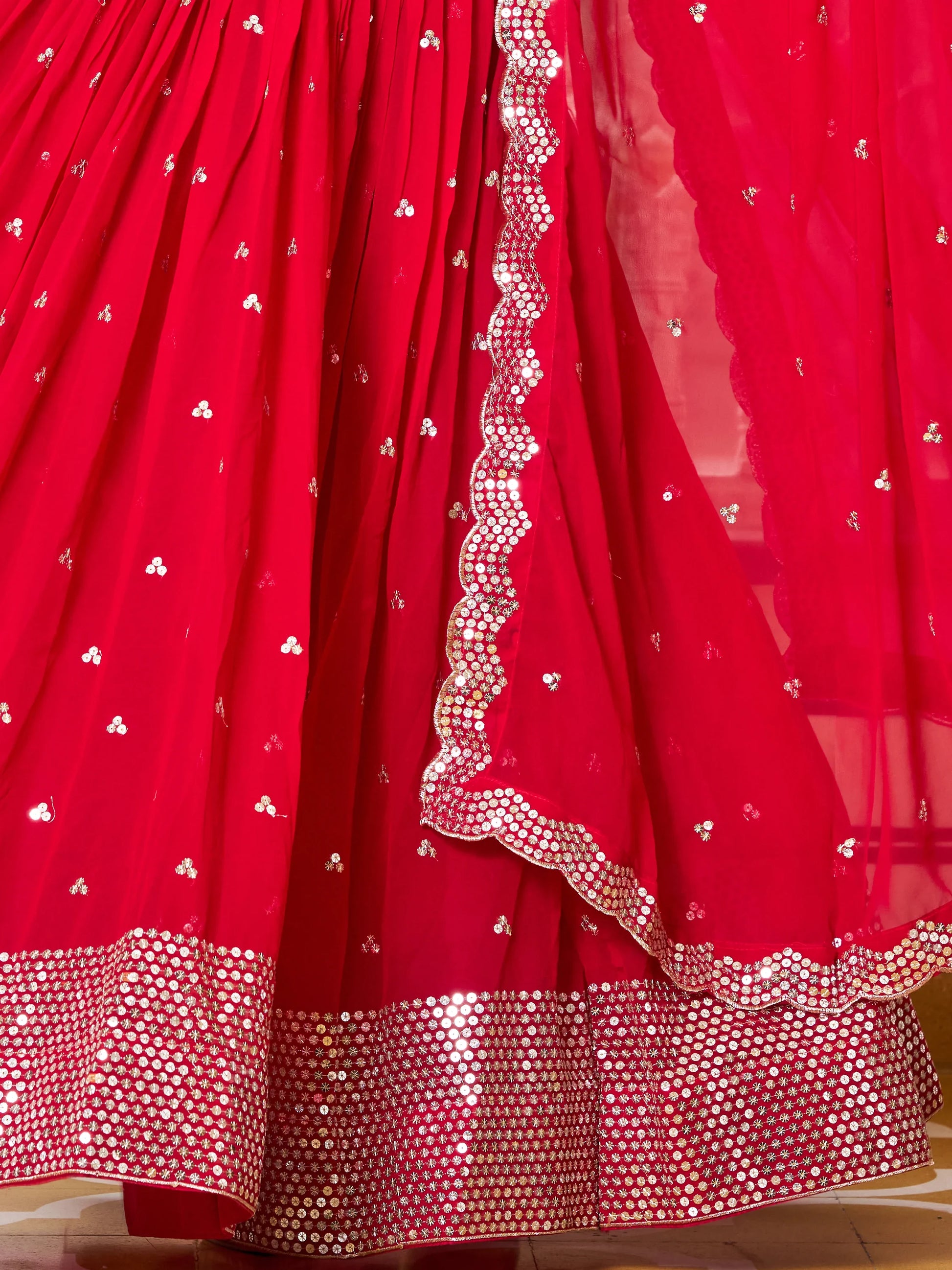 Tantalizing Red Sequins Georgette Wedding Lehenga Choli - Zeel Clothing