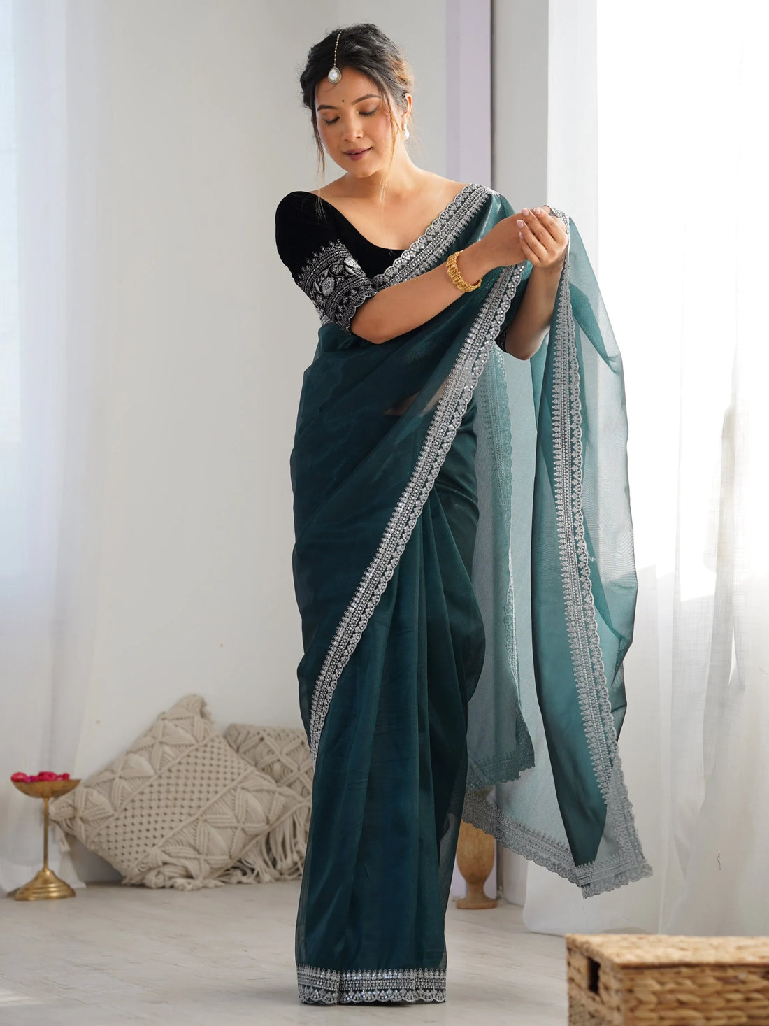 Tantalizing Teal Green Border Work Net Event Wear Saree With Blouse - Zeel Clothing
