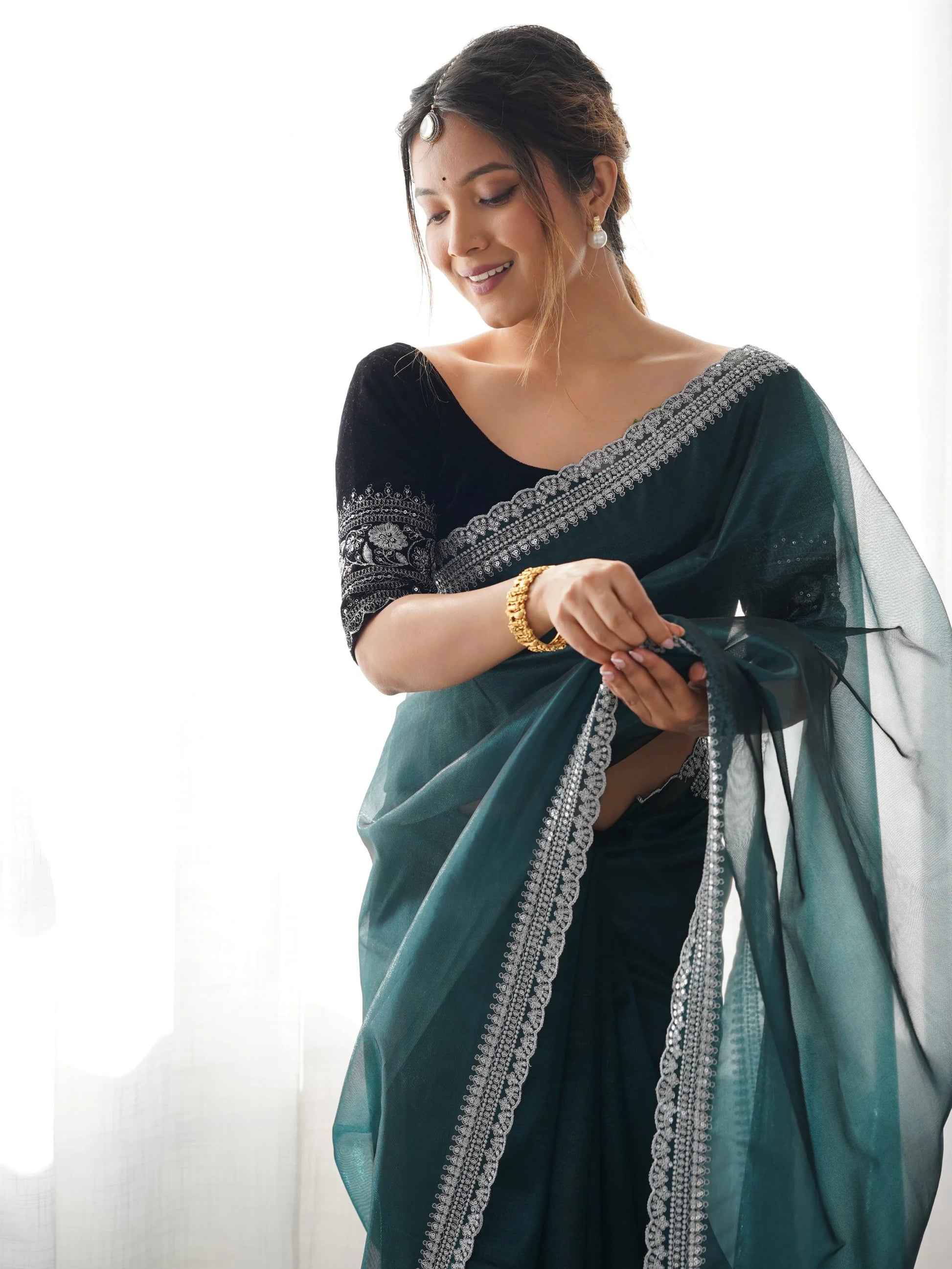 Tantalizing Teal Green Border Work Net Event Wear Saree With Blouse - Zeel Clothing