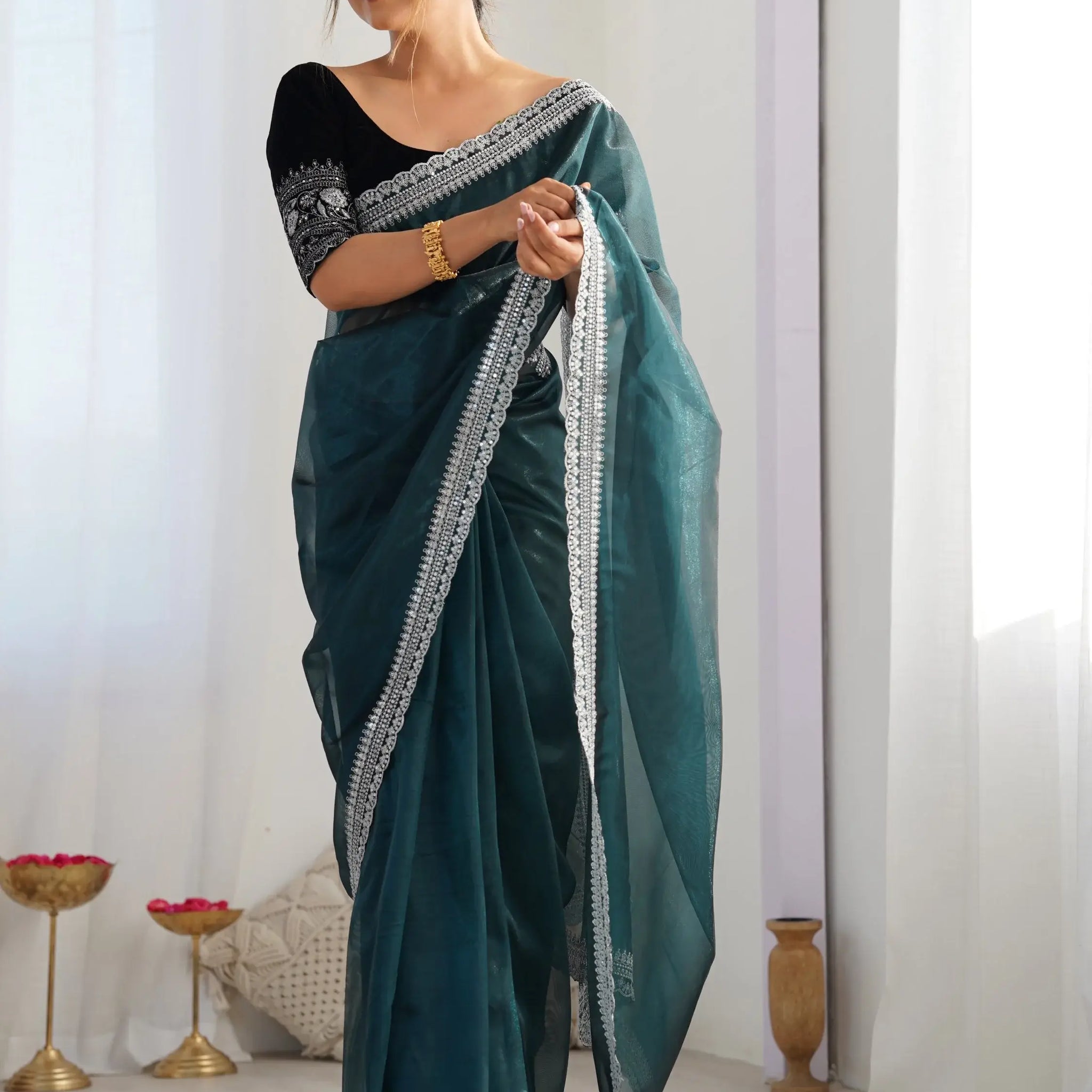Tantalizing Teal Green Border Work Net Event Wear Saree With Blouse - Zeel Clothing