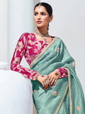 Tantalizing Teal Green Thread Work Organza Reception Wear Saree - Zeel Clothing