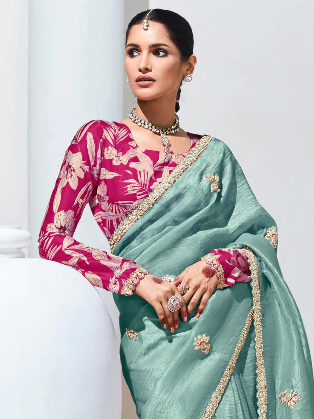 Tantalizing Teal Green Thread Work Organza Reception Wear Saree - Zeel Clothing