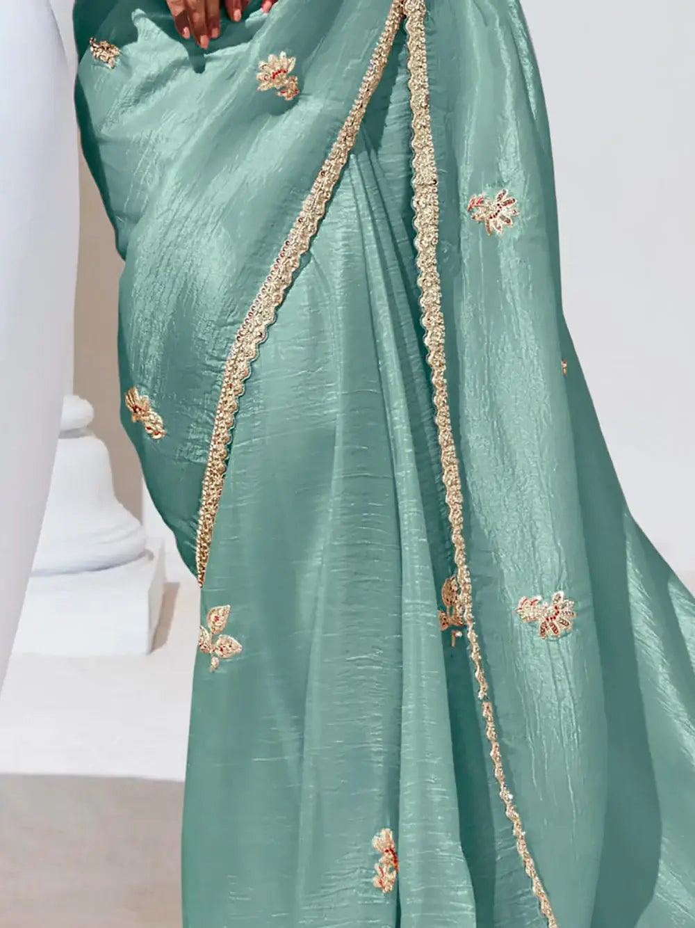 Tantalizing Teal Green Thread Work Organza Reception Wear Saree - Zeel Clothing
