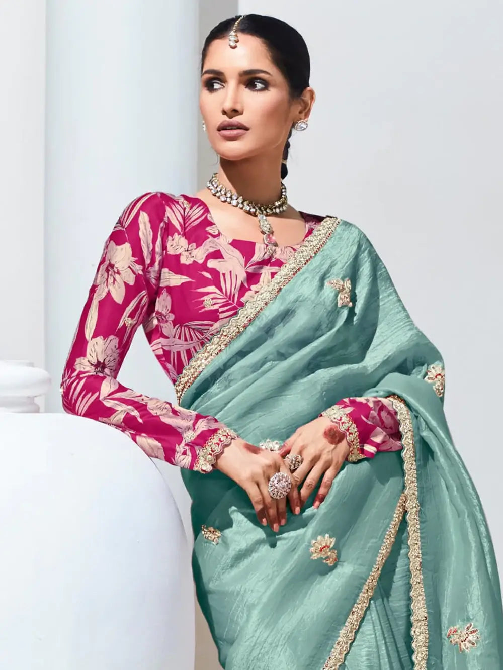 Tantalizing Teal Green Thread Work Organza Reception Wear Saree - Zeel Clothing