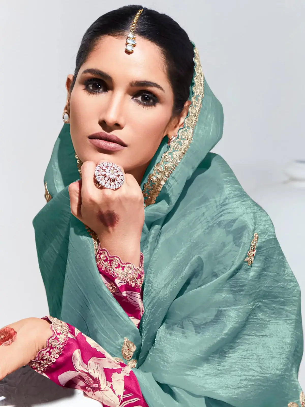 Tantalizing Teal Green Thread Work Organza Reception Wear Saree - Zeel Clothing
