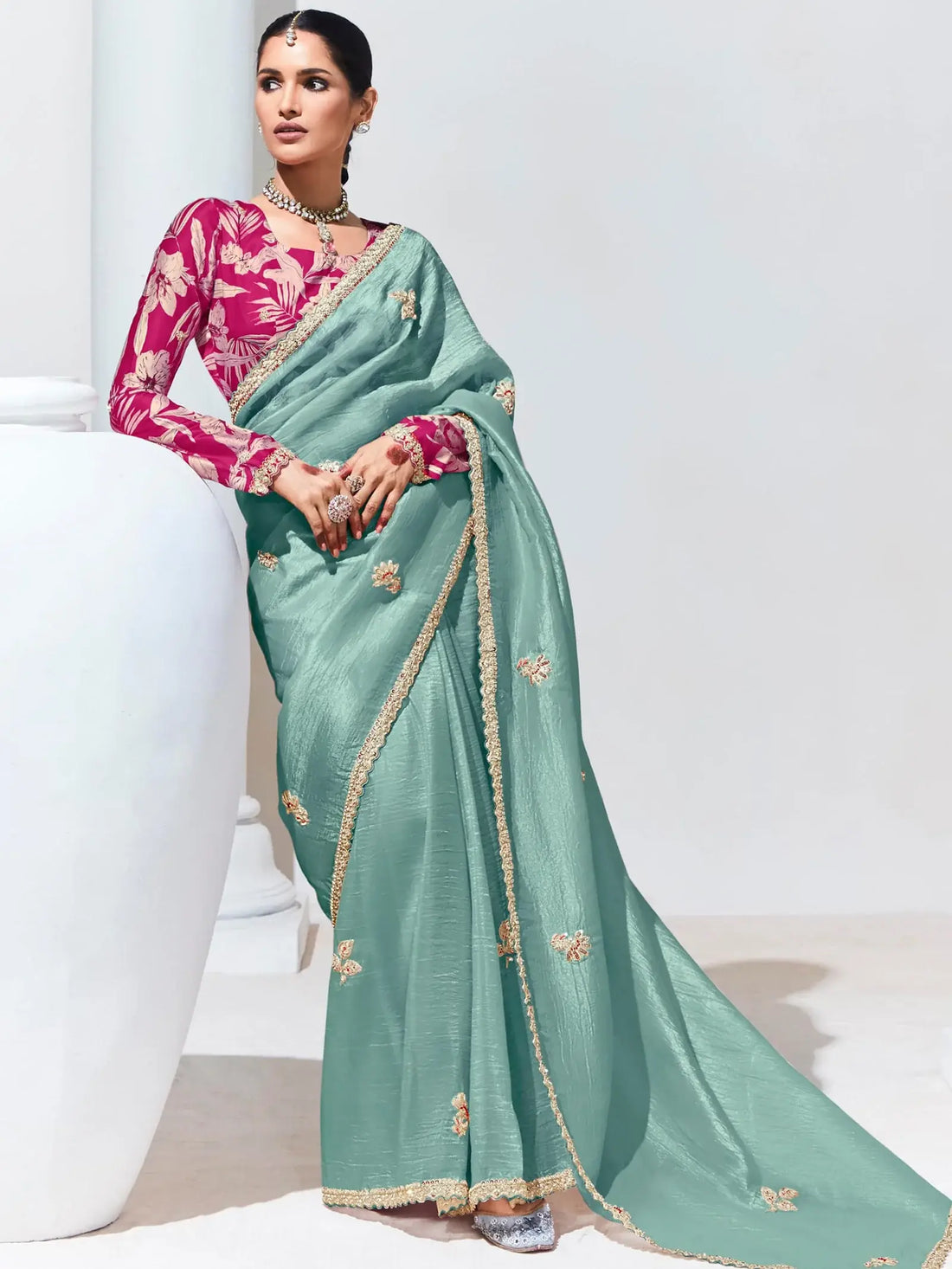 Tantalizing Teal Green Thread Work Organza Reception Wear Saree - Zeel Clothing