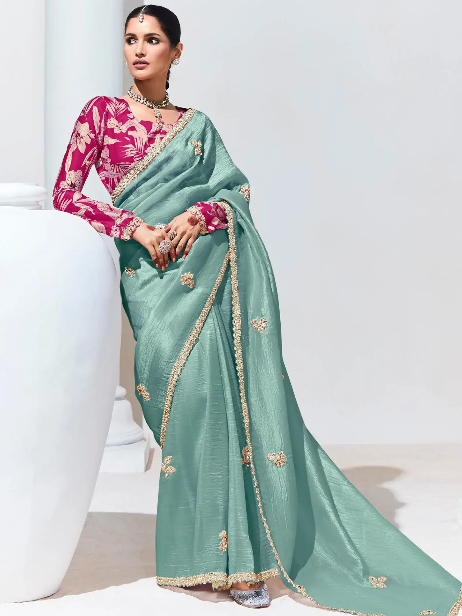 Tantalizing Teal Green Thread Work Organza Reception Wear Saree - Zeel Clothing