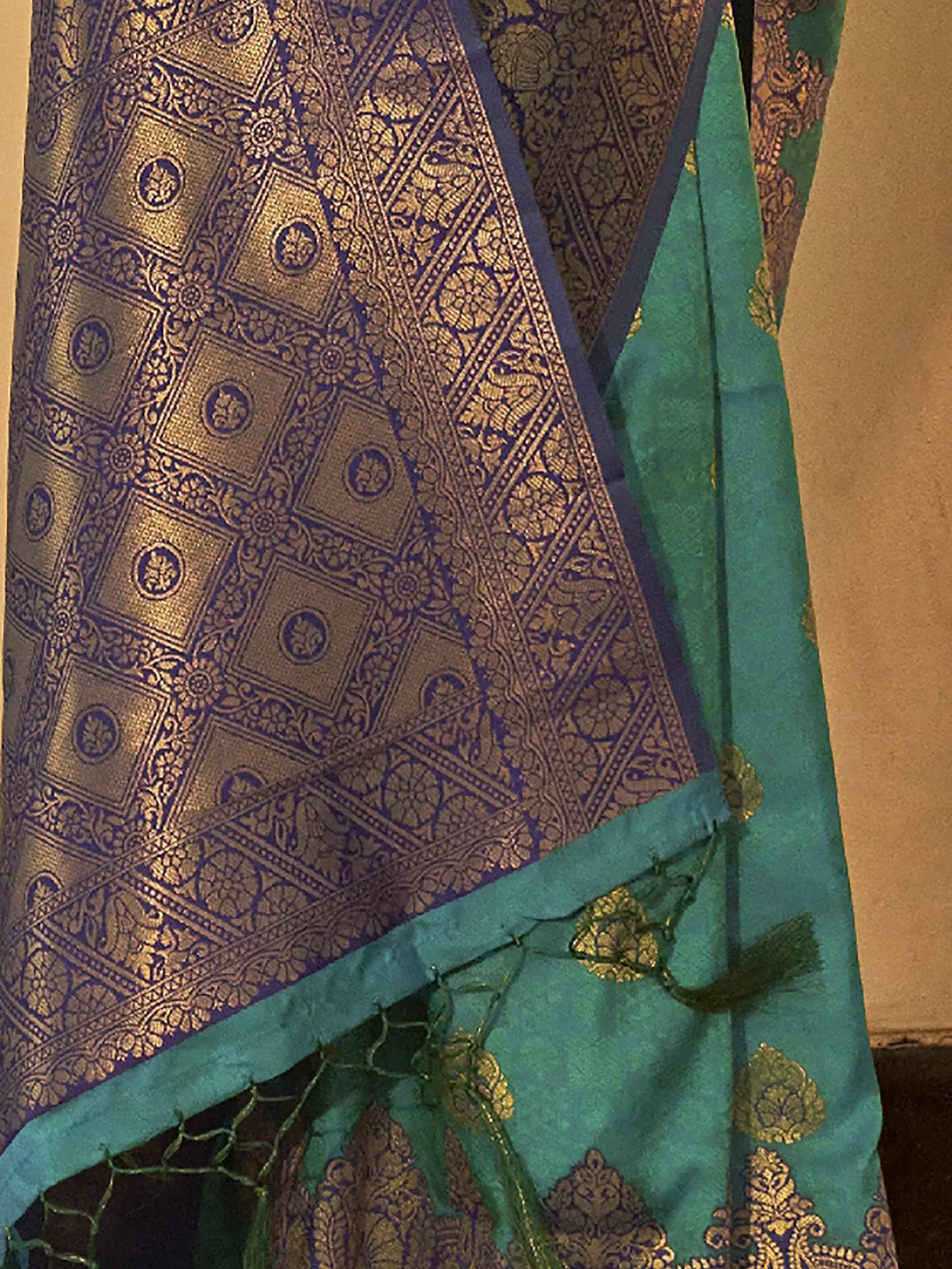 Tantalizing Teal Green Woven Silk Reception Wear Saree With Blouse - Zeel Clothing