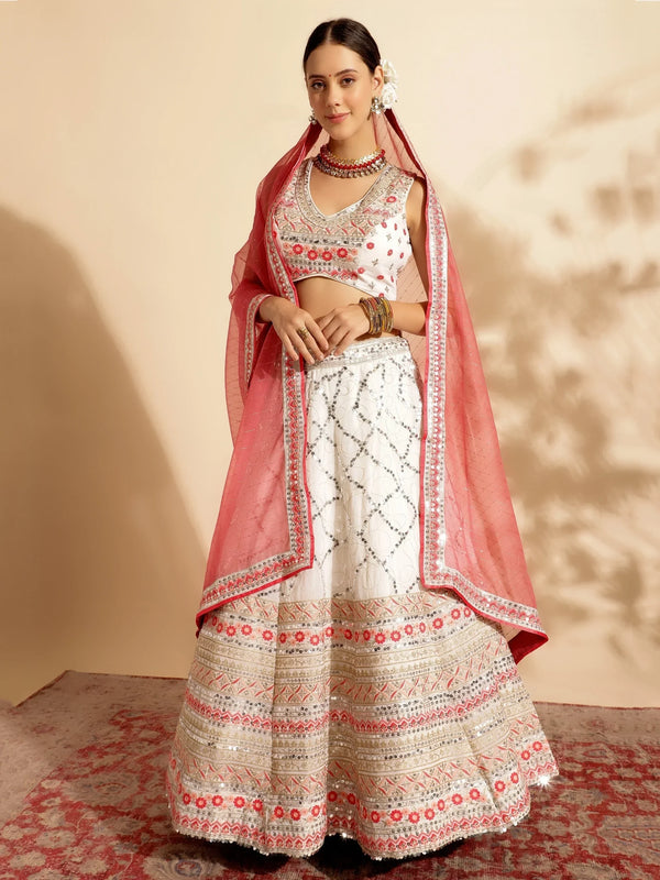 Tantalizing White Sequins Work Georgette Lehenga Choli With Dupatta