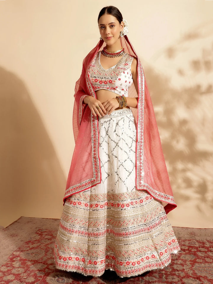 Tantalizing White Sequins Work Georgette Lehenga Choli With Dupatta