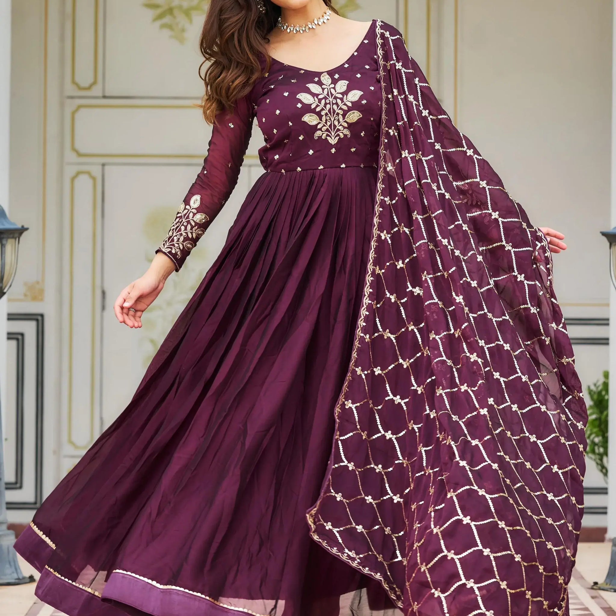 Tantalizing Wine Sequins Rangoli Silk Event Wear Gown With Dupatta - Zeel Clothing