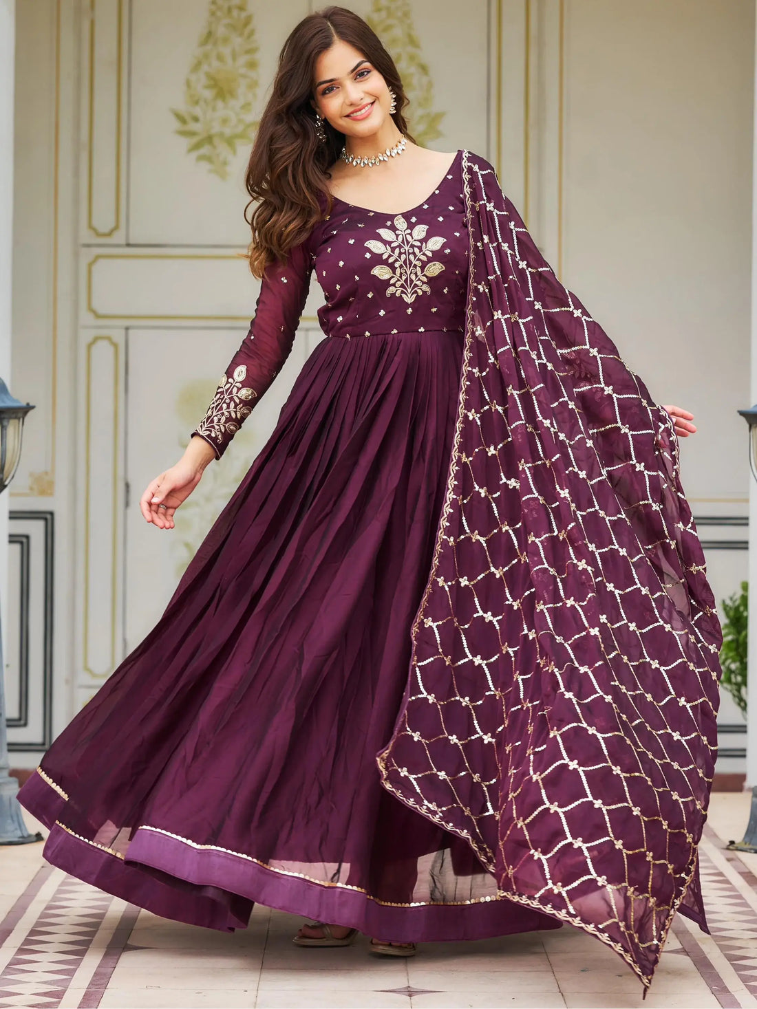Tantalizing Wine Sequins Rangoli Silk Event Wear Gown With Dupatta - Zeel Clothing